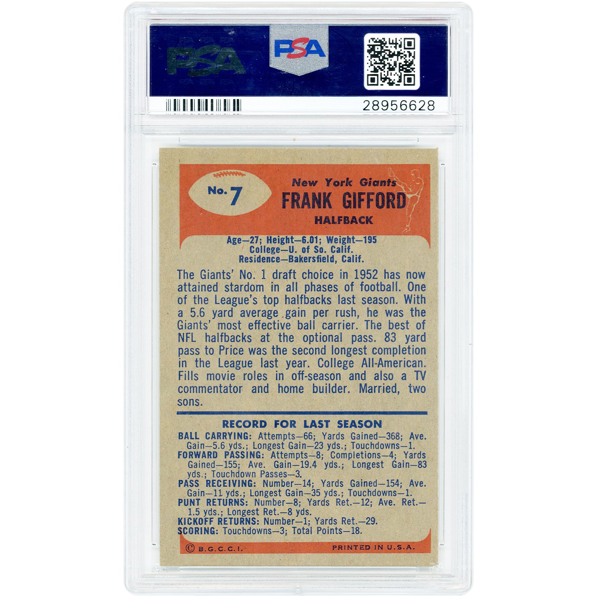Frank Gifford New York Giants 1955 Bowman #7 PSA Authenticated 7 Card