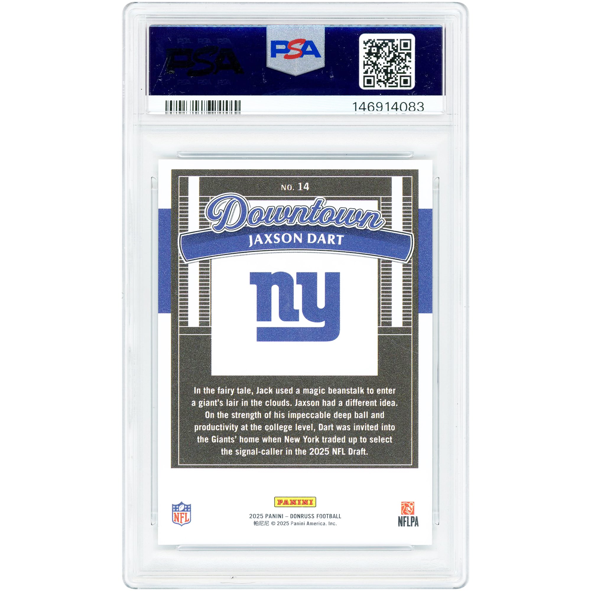 Jaxson Dart New York Giants 2025 Panini Donruss Downtown #14 PSA Authenticated 10 Rookie Card