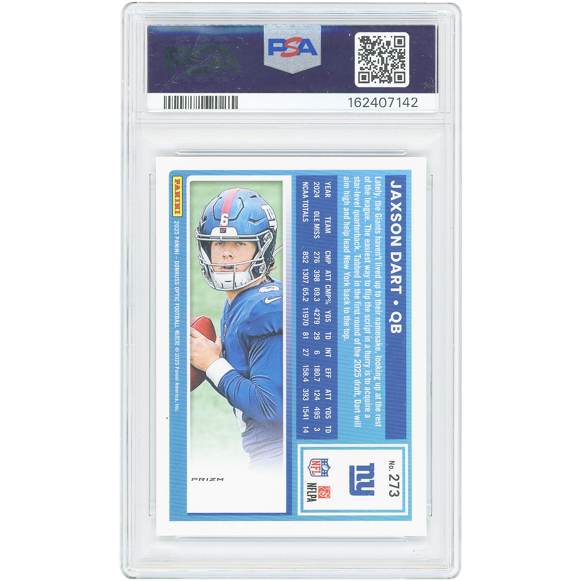 Jaxson Dart New York Giants 2025 Panini Donruss Optic White Sparkle #273 PSA Authenticated 9 Rookie Card