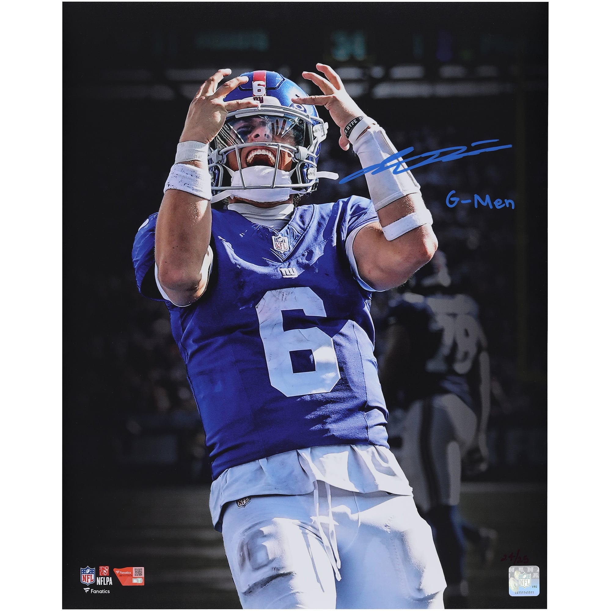 Photo dédicacée par Jaxson Dart (New York Giants), format 40 x 50 cm, avec signature bleue - Édition limitée à 25 exemplaires