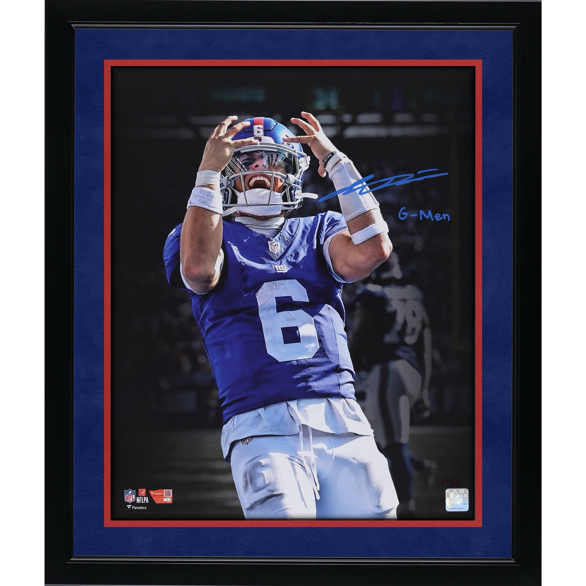 Photo dédicacée par Jaxson Dart (New York Giants), format 40 x 50 cm, avec signature bleue - Édition limitée à 25 exemplaires
