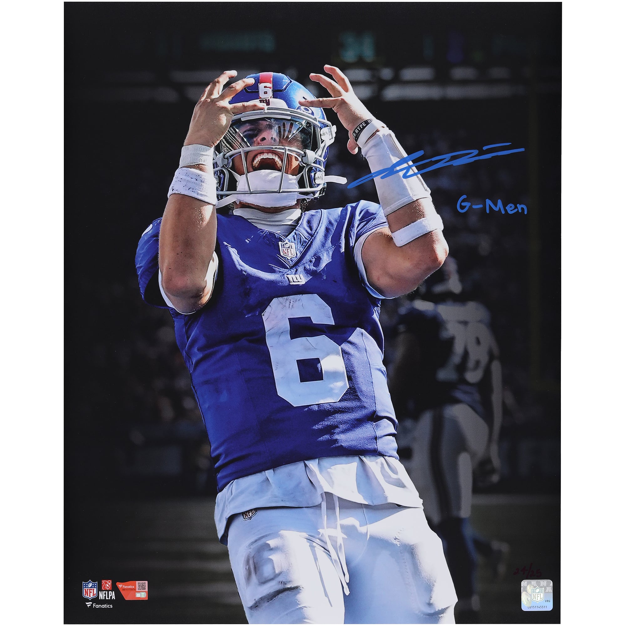 Photo dédicacée par Jaxson Dart (New York Giants), format 40 x 50 cm, avec signature bleue - Édition limitée à 25 exemplaires