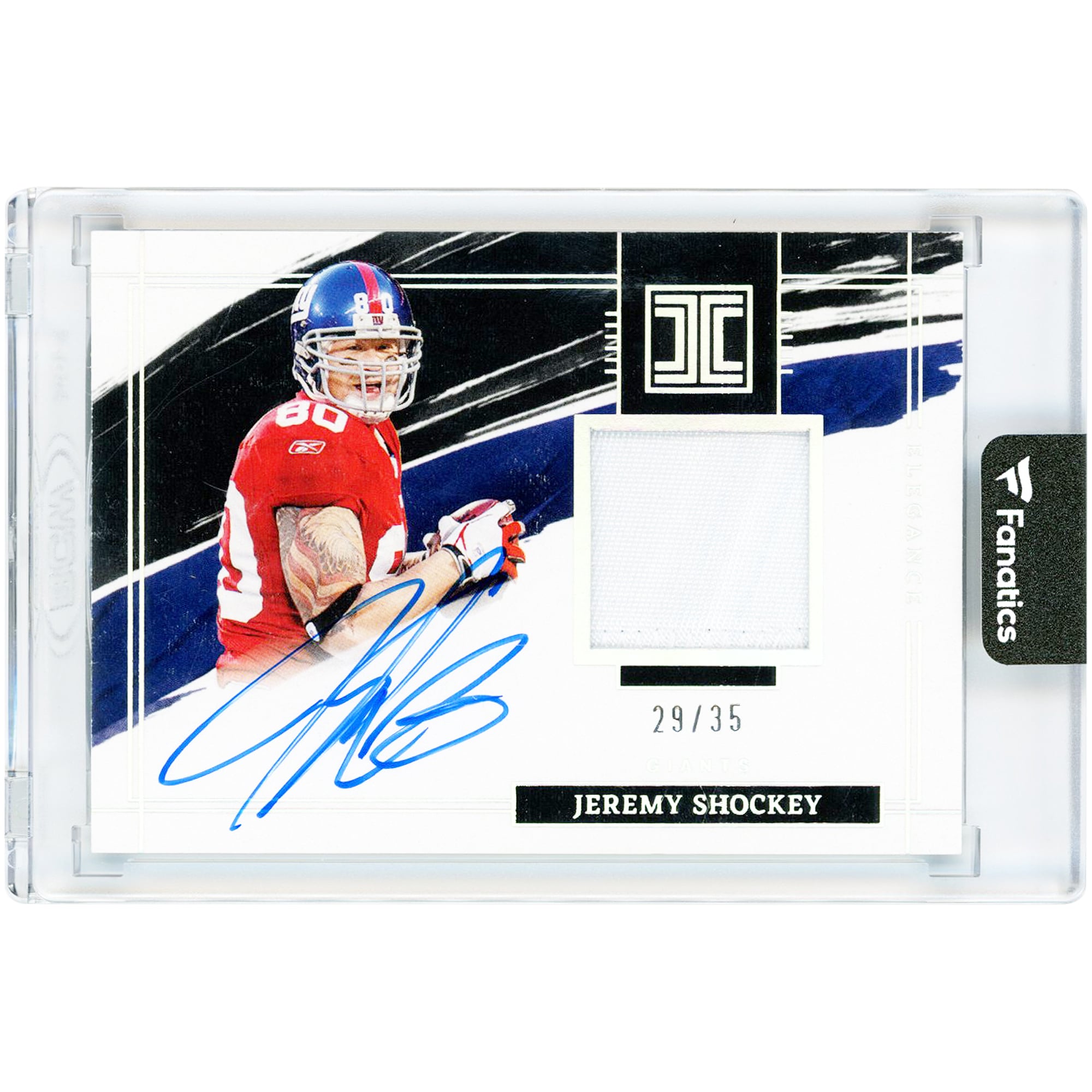 Jeremy Shockey New York Giants Autographed 2022 Panini Impeccable Elegance Jersey Relic #ERA-JSH #29/35 Card