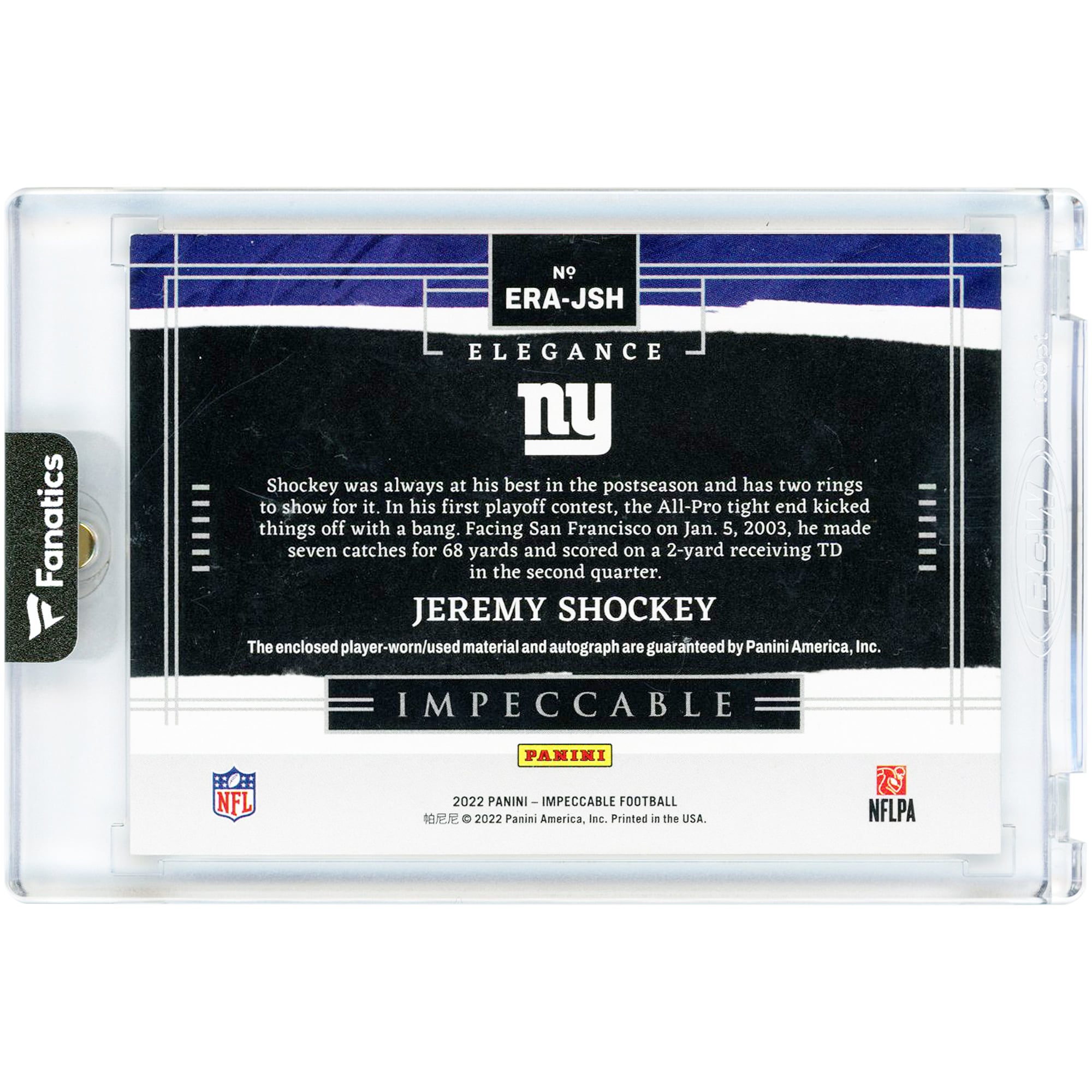 Jeremy Shockey New York Giants Autographed 2022 Panini Impeccable Elegance Jersey Relic #ERA-JSH #29/35 Card