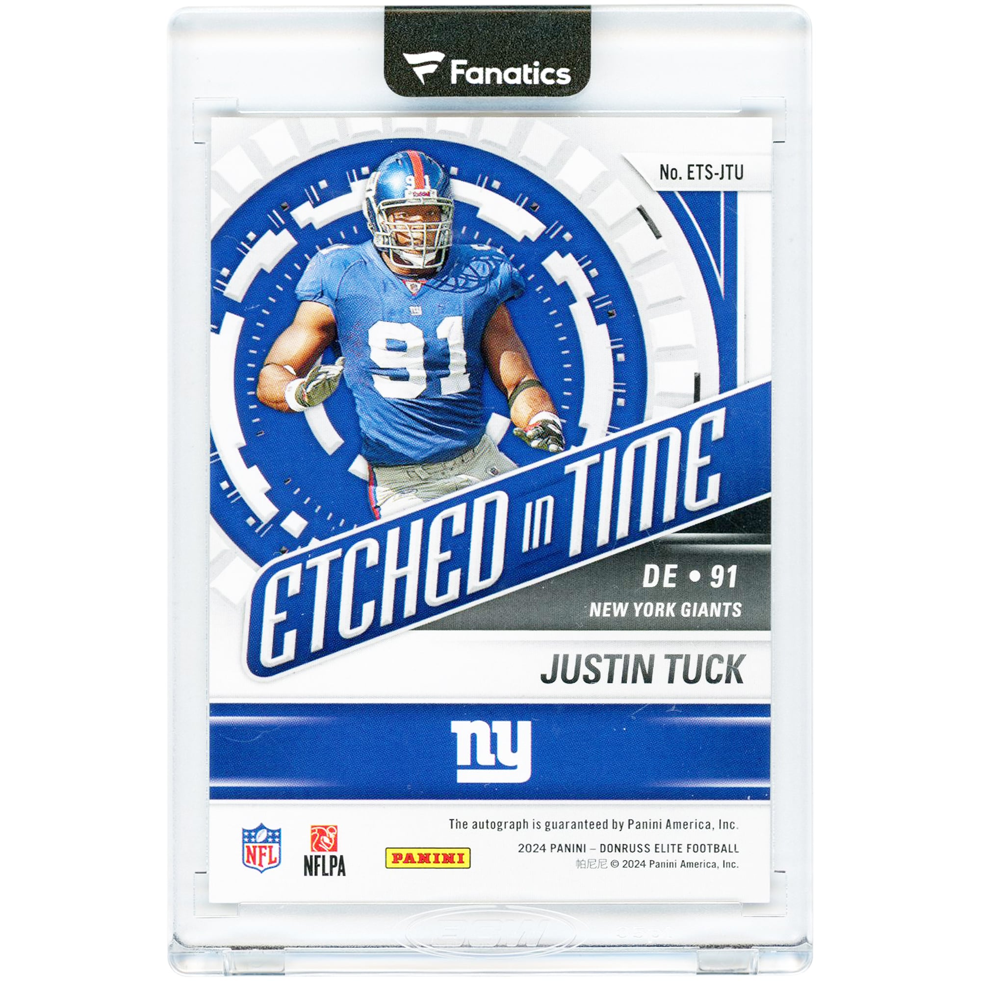 Justin Tuck New York Giants Autographed 2024 Panini Donruss Elite Etched In Time #ETS-JTU #47/49 Card