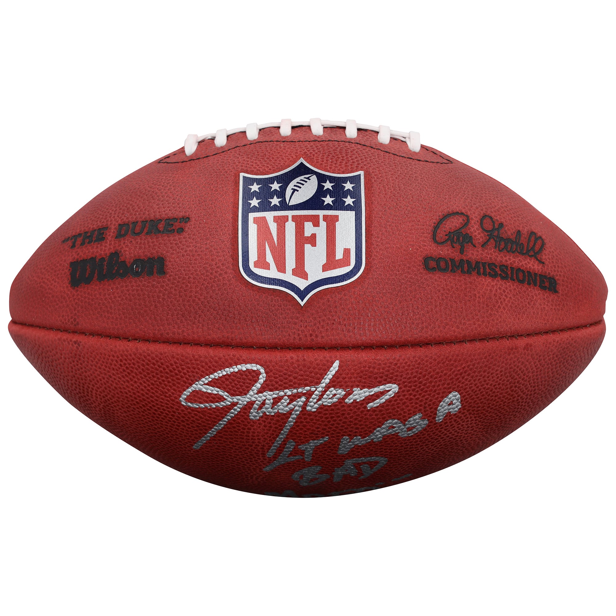 Ballon de football américain Duke en couleurs, autographié par Lawrence Taylor (New York Giants), avec l'inscription « LT était un sacré dur à cuire ».