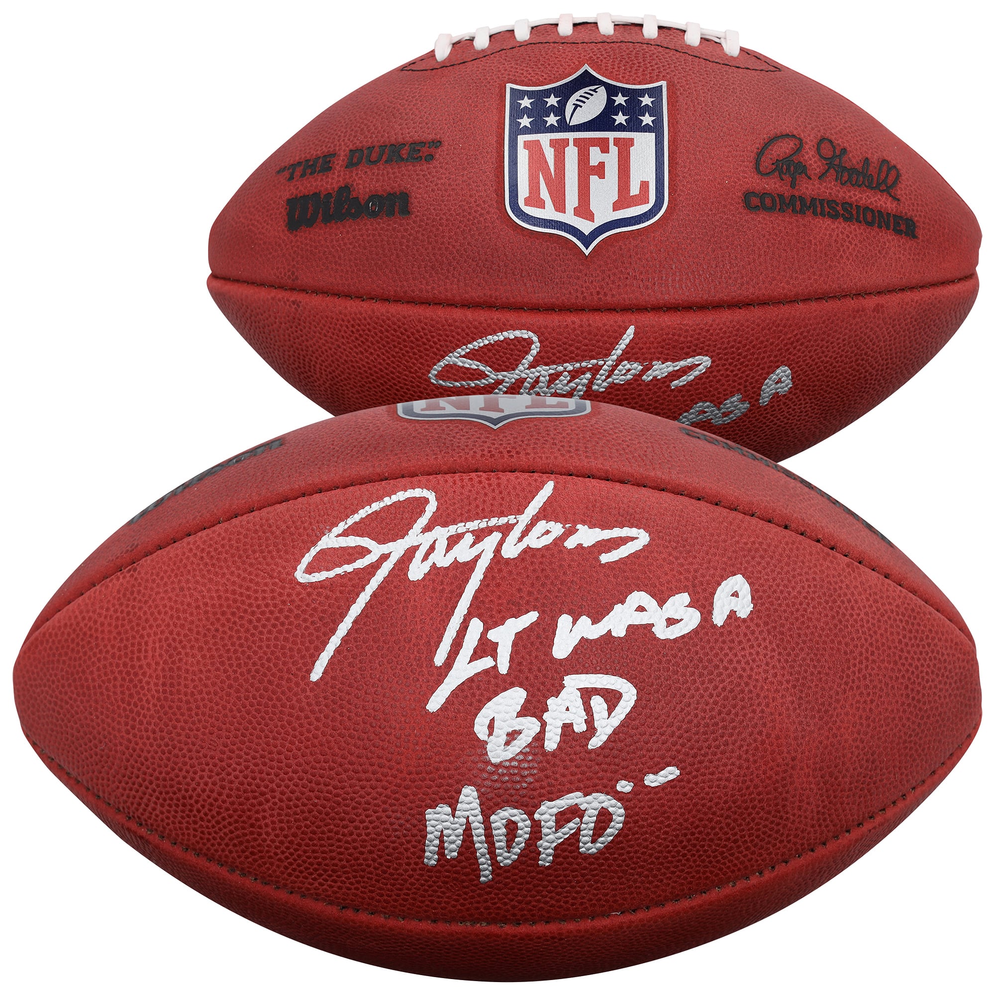 Ballon de football américain Duke en couleurs, autographié par Lawrence Taylor (New York Giants), avec l'inscription « LT était un sacré dur à cuire ».