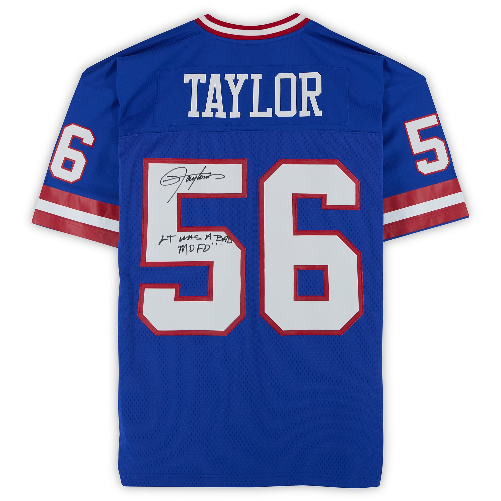 Maillot réplique Royal Mitchell & Ness 1986 des Giants de New York, autographié par Lawrence Taylor, avec inscription « LT Was A Bad MOFO ».