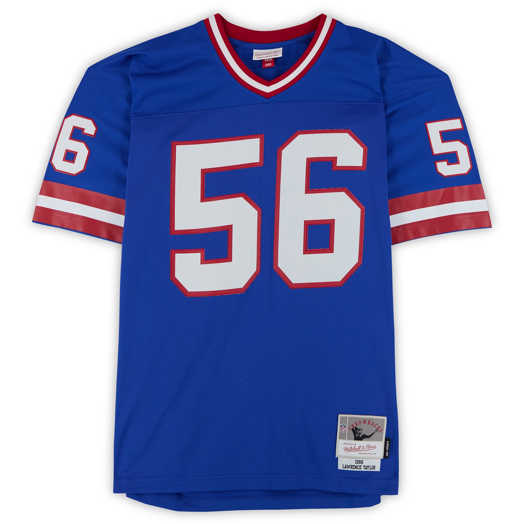 Maillot réplique Royal Mitchell & Ness 1986 des Giants de New York, autographié par Lawrence Taylor, avec inscription « LT Was A Bad MOFO ».