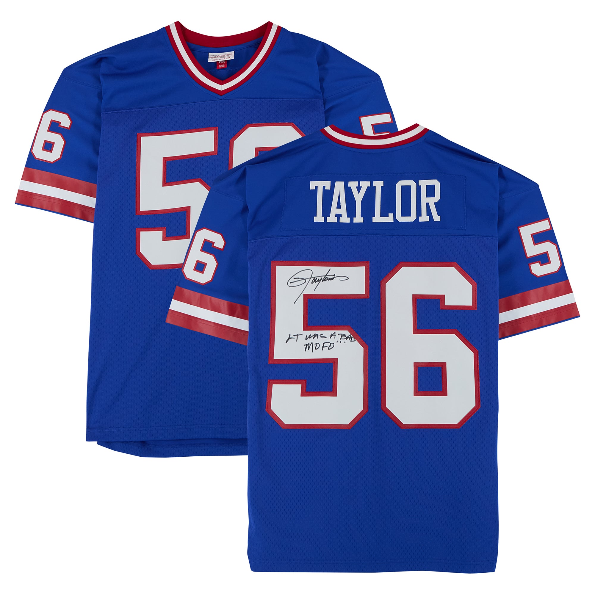 Maillot réplique Royal Mitchell & Ness 1986 des Giants de New York, autographié par Lawrence Taylor, avec inscription « LT Was A Bad MOFO ».