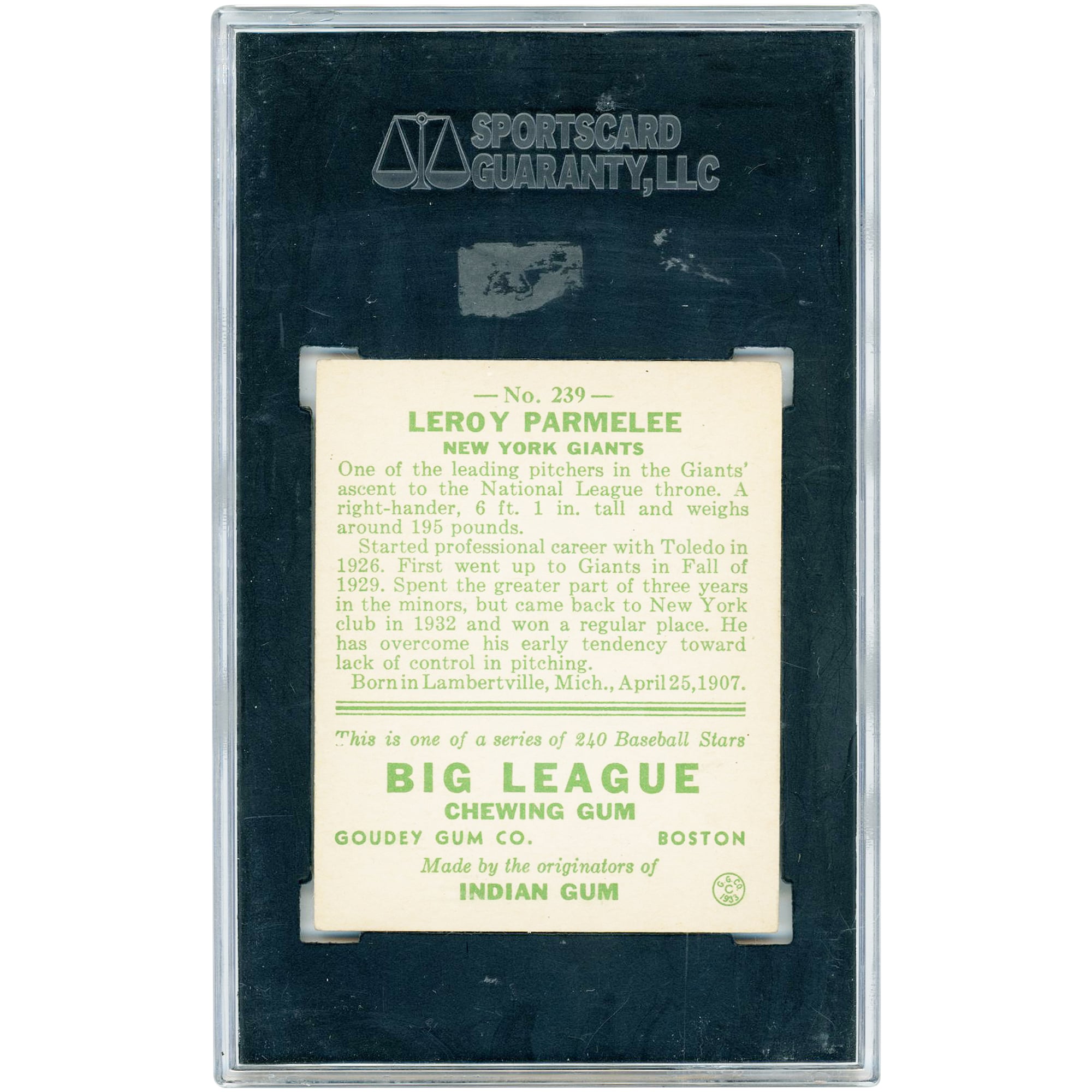 Leroy Parmelee New York Giants 1933 Goudey #239 SGC Authenticated 5 Rookie Card