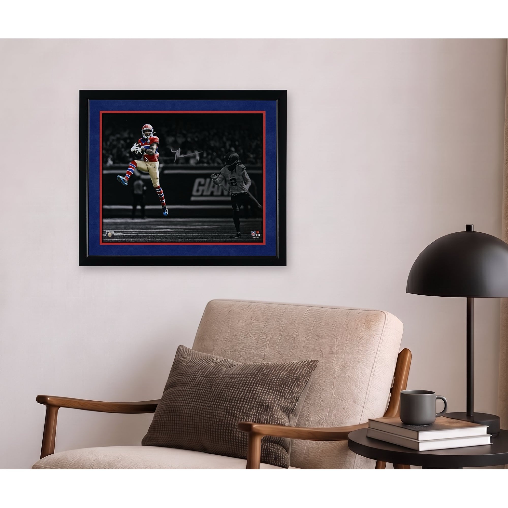 Photo de Malik Nabers (New York Giants) autographiée, 40 x 50 cm, en plein saut.