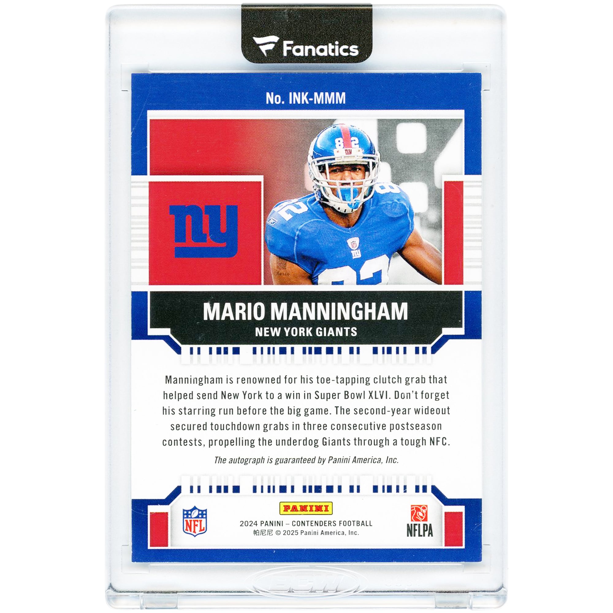 Carte autographiée de Mario Manningham (New York Giants) - Collection Panini Contenders NFL Ink 2024 #INK-MMM #5/10