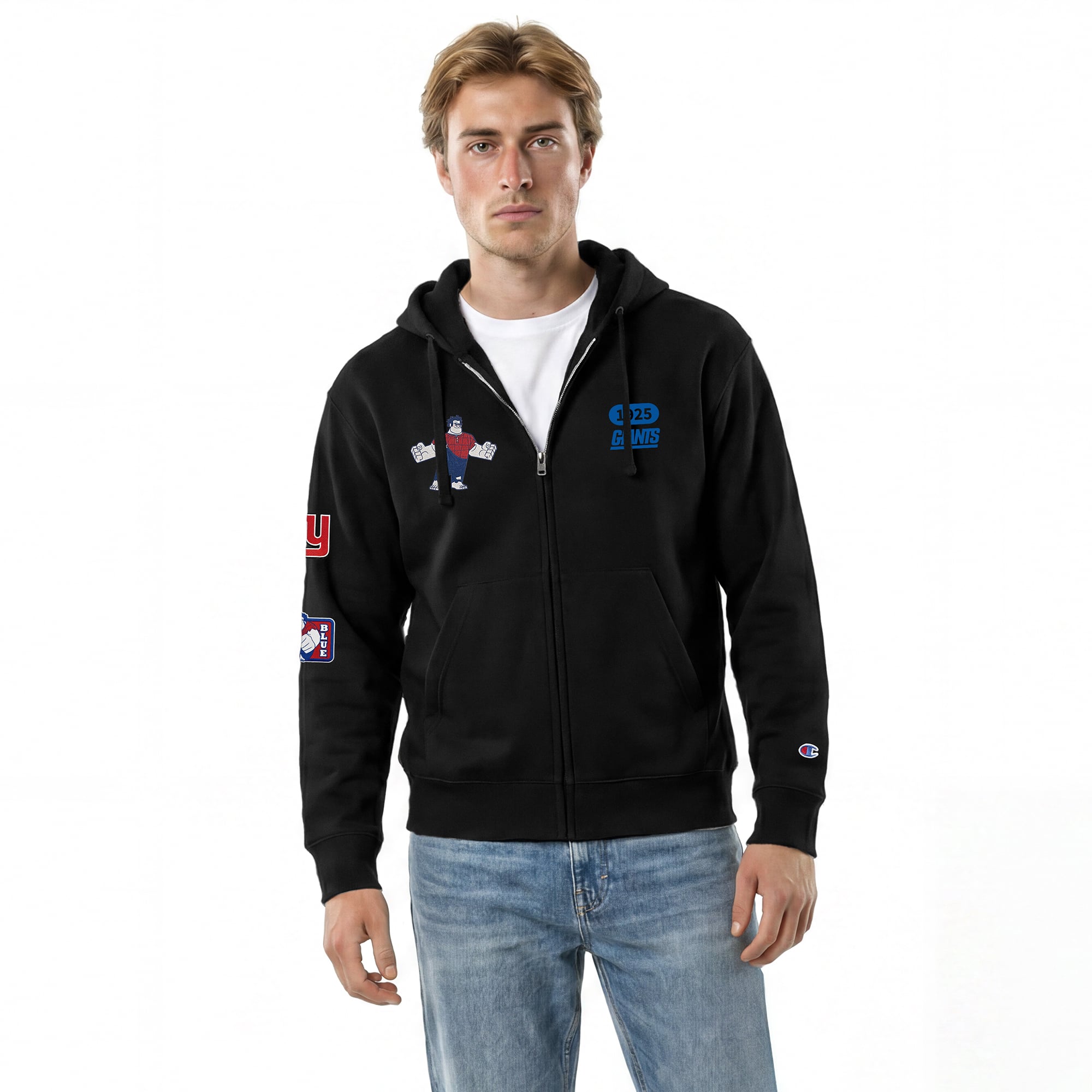 Sweat à capuche zippé Disney x Champion noir New York Giants Wreck-It Ralph All-Star pour homme