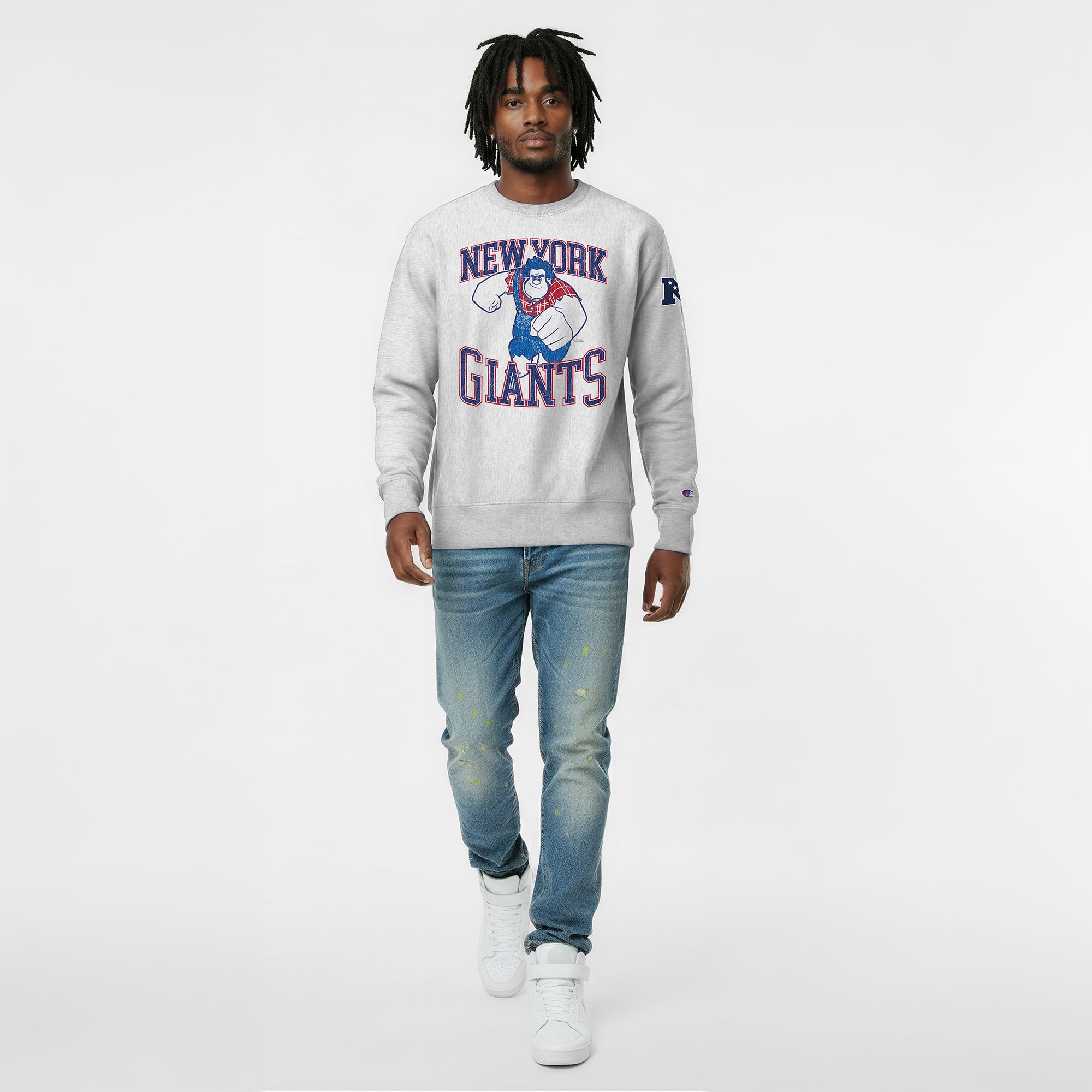Sweat-shirt homme Disney x Champion gris chiné New York Giants Wreck-It Ralph Reverse Weave