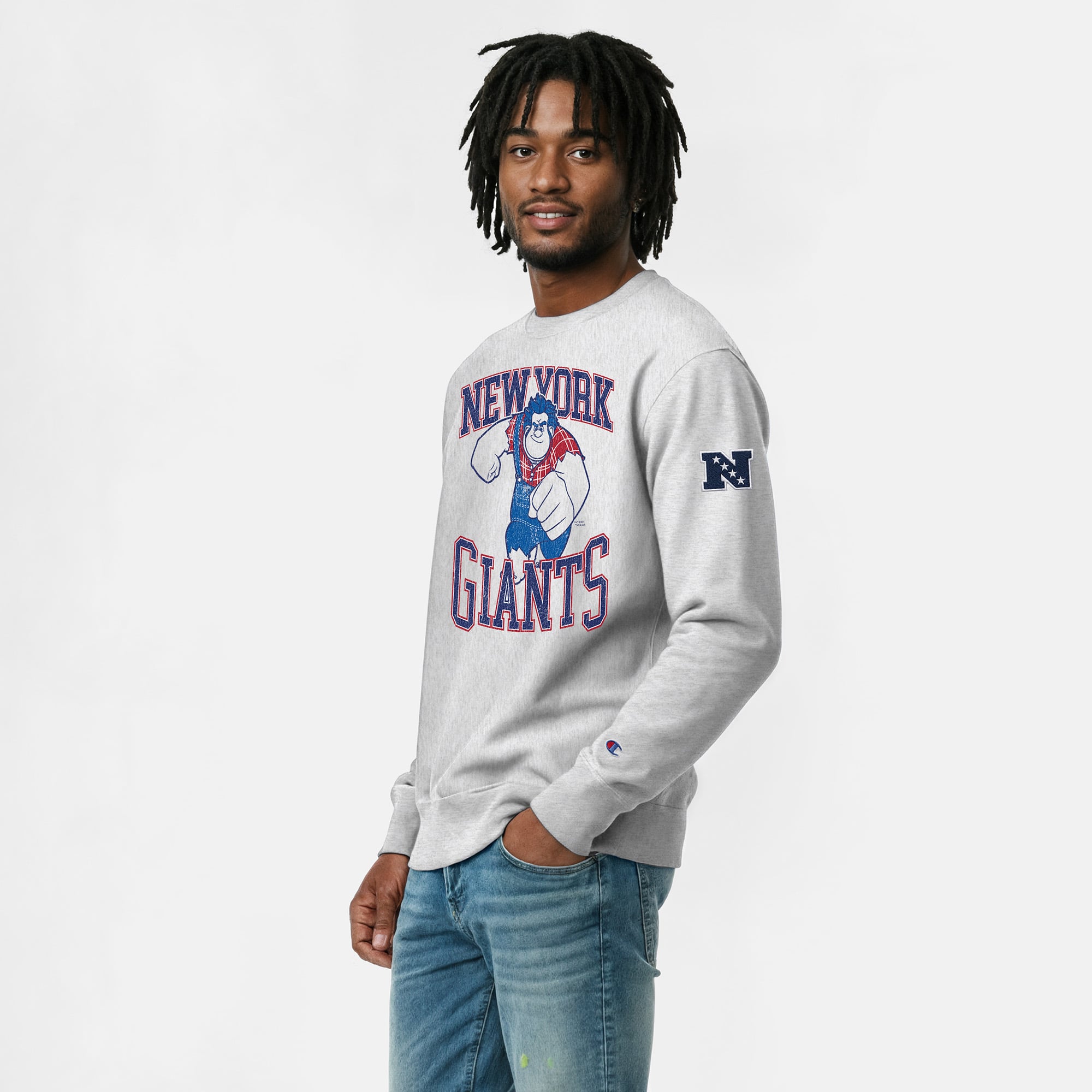 Sweat-shirt homme Disney x Champion gris chiné New York Giants Wreck-It Ralph Reverse Weave