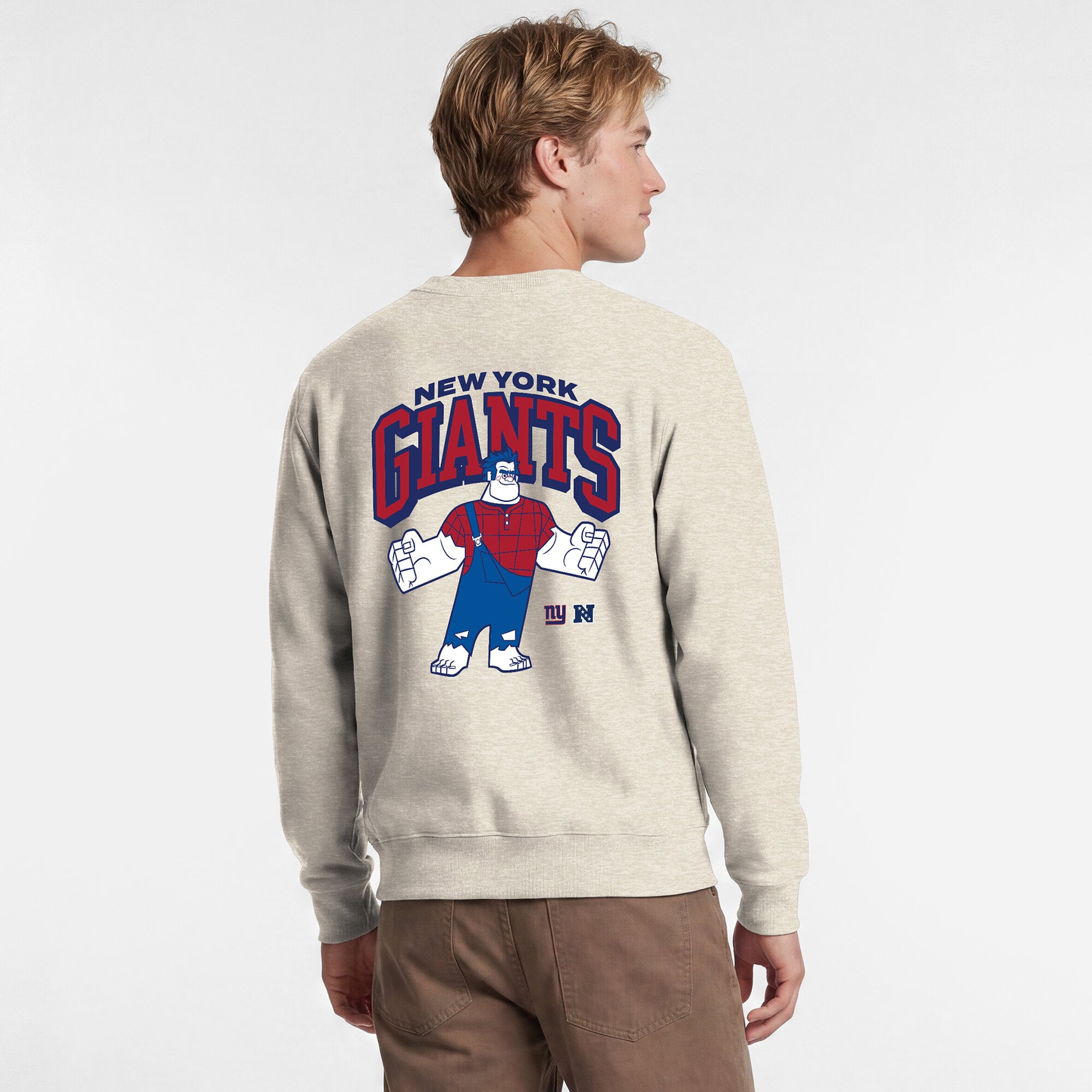 Men's Disney x Champion  Oatmeal New York Giants Powerblend Left Chest Fullback Crew Sweatshirt