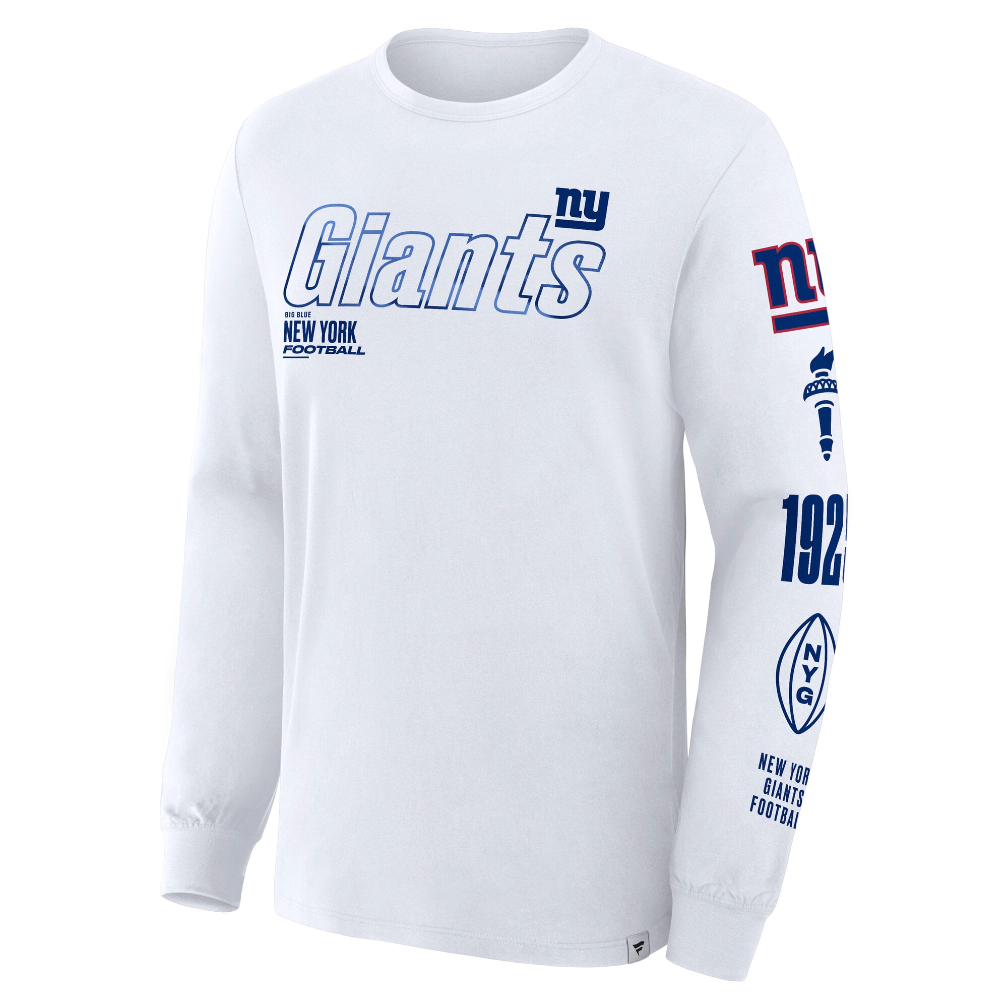 T-shirt à manches longues Fanatics blanc pour homme, motif « Checkdown Pass » des Giants de New York