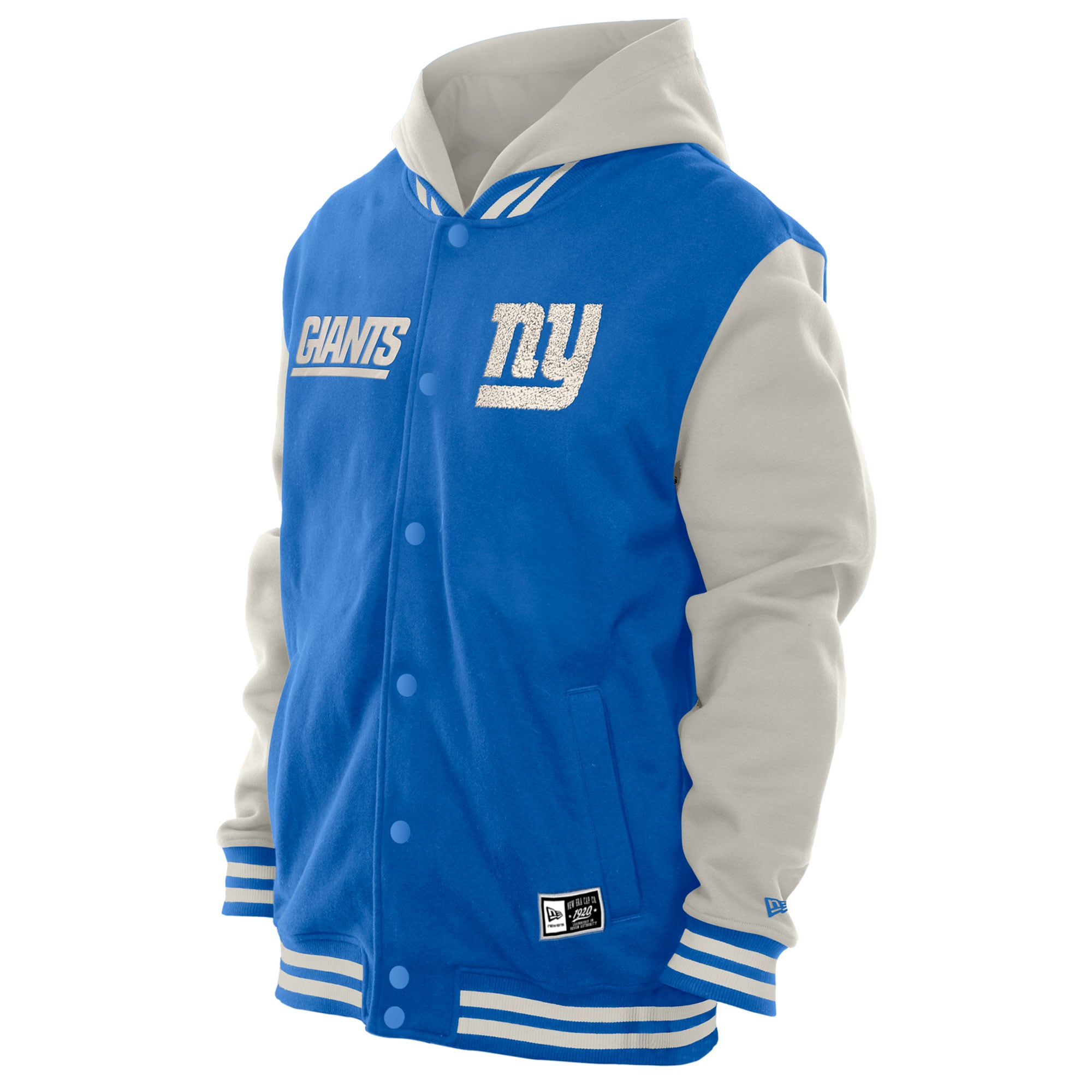 Veste polaire à capuche New Era bleu roi/crème pour homme, York Giants, fermeture boutons-pression.