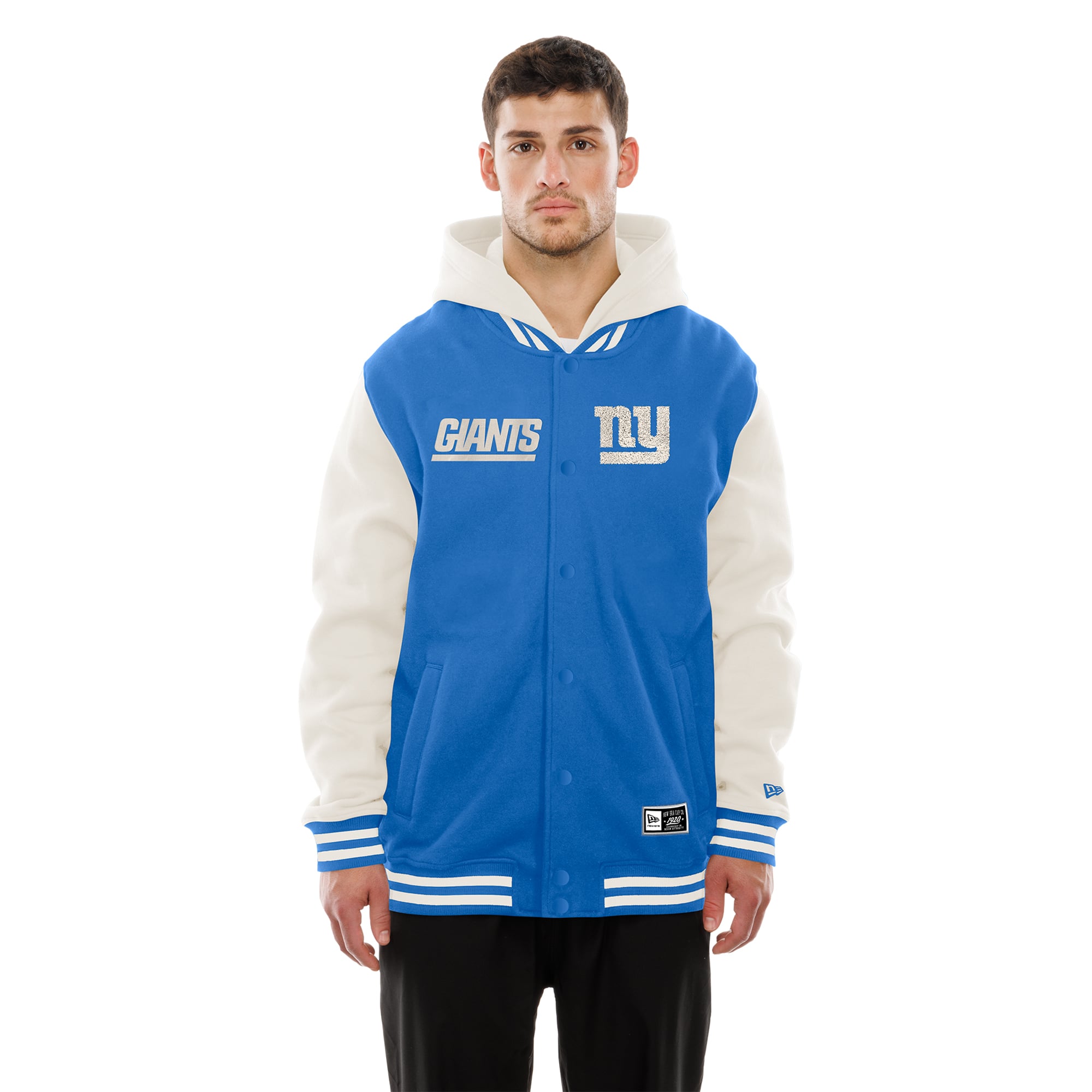 Veste polaire à capuche New Era bleu roi/crème pour homme, York Giants, fermeture boutons-pression.