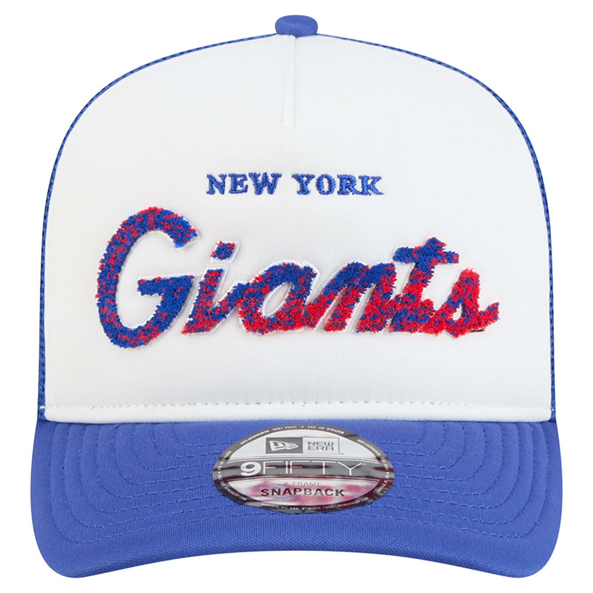 Casquette trucker New Era 9FIFTY Snapback blanche/bleu roi des Giants de New York, modèle A-Frame en mousse, pour homme