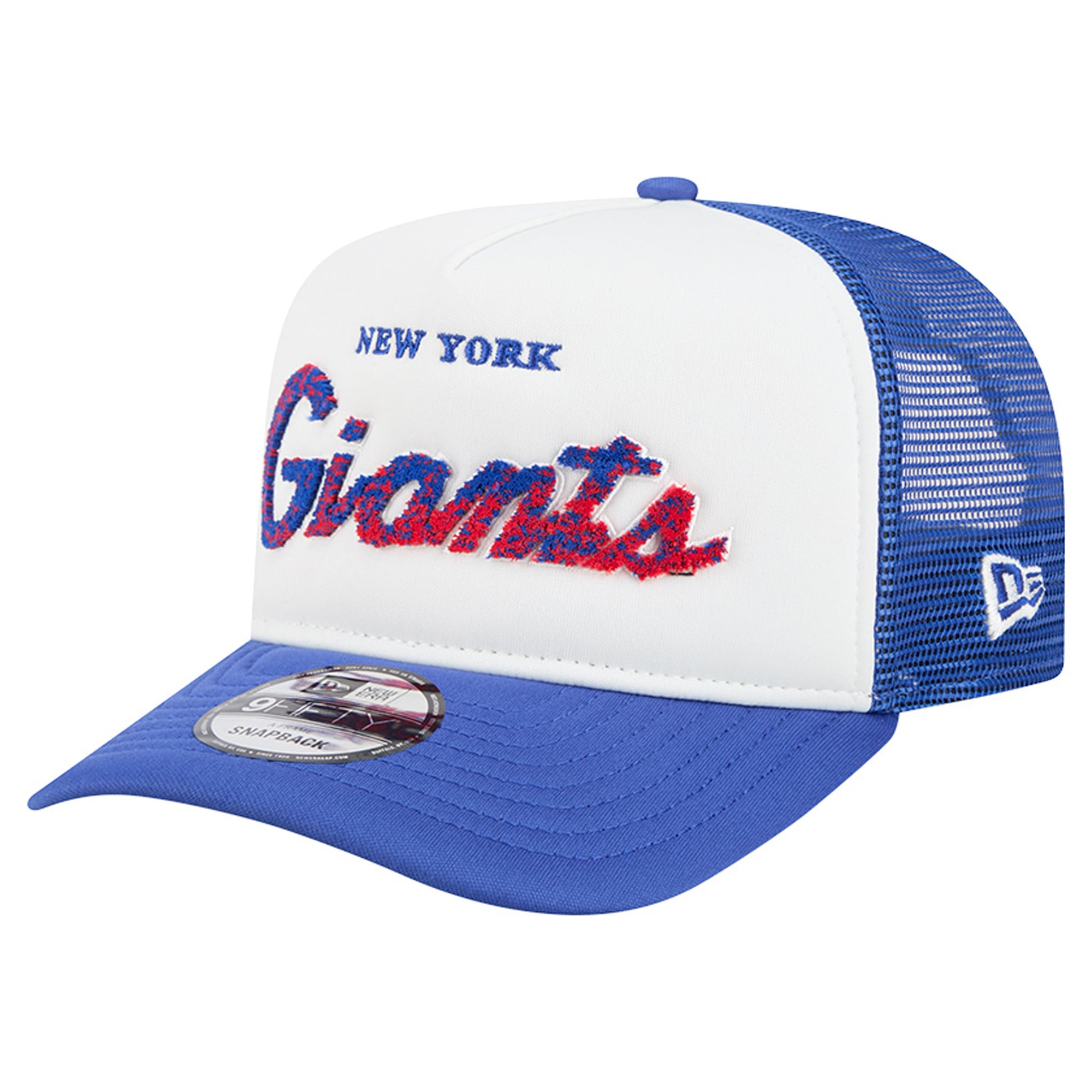 Casquette trucker New Era 9FIFTY Snapback blanche/bleu roi des Giants de New York, modèle A-Frame en mousse, pour homme