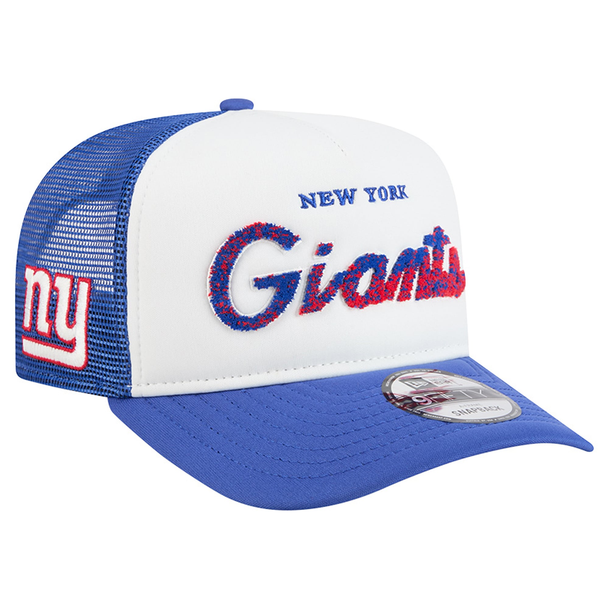 Casquette trucker New Era 9FIFTY Snapback blanche/bleu roi des Giants de New York, modèle A-Frame en mousse, pour homme