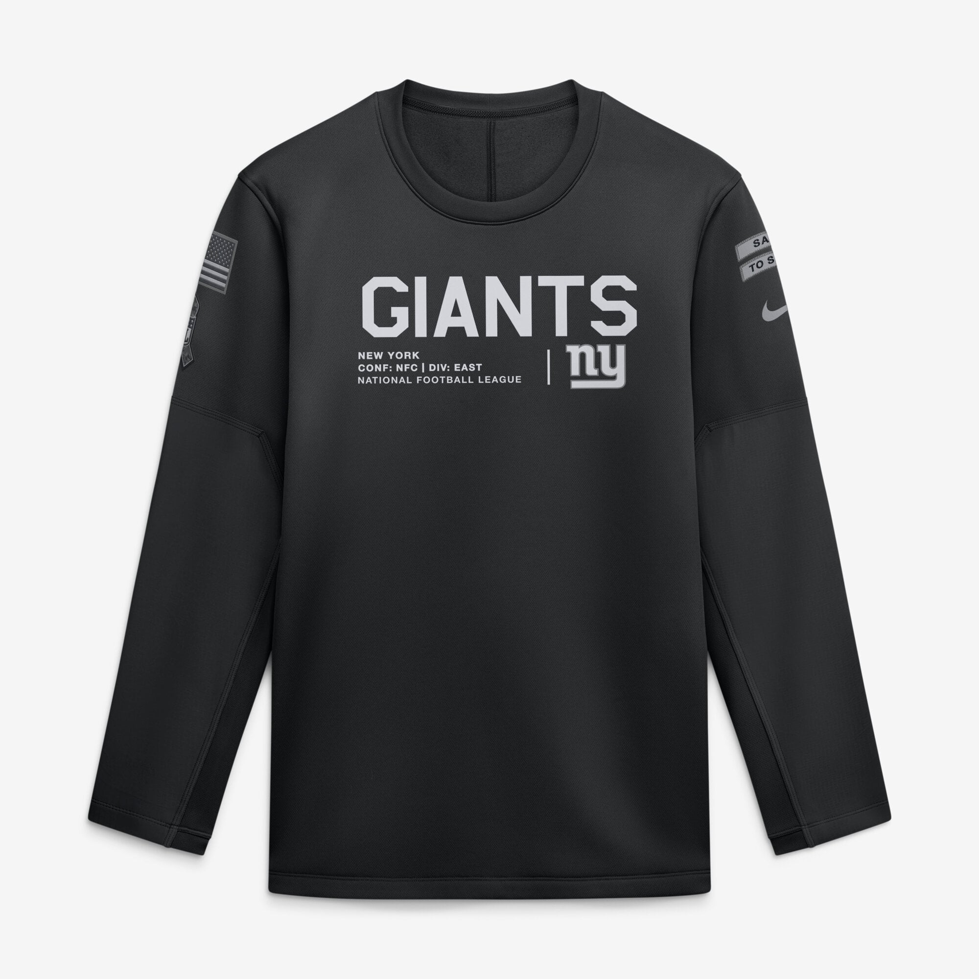 Sweat-shirt Nike noir pour homme New York Giants 2026 Salute to Service Sideline Coaches à col rond et coupe Therma-FIT