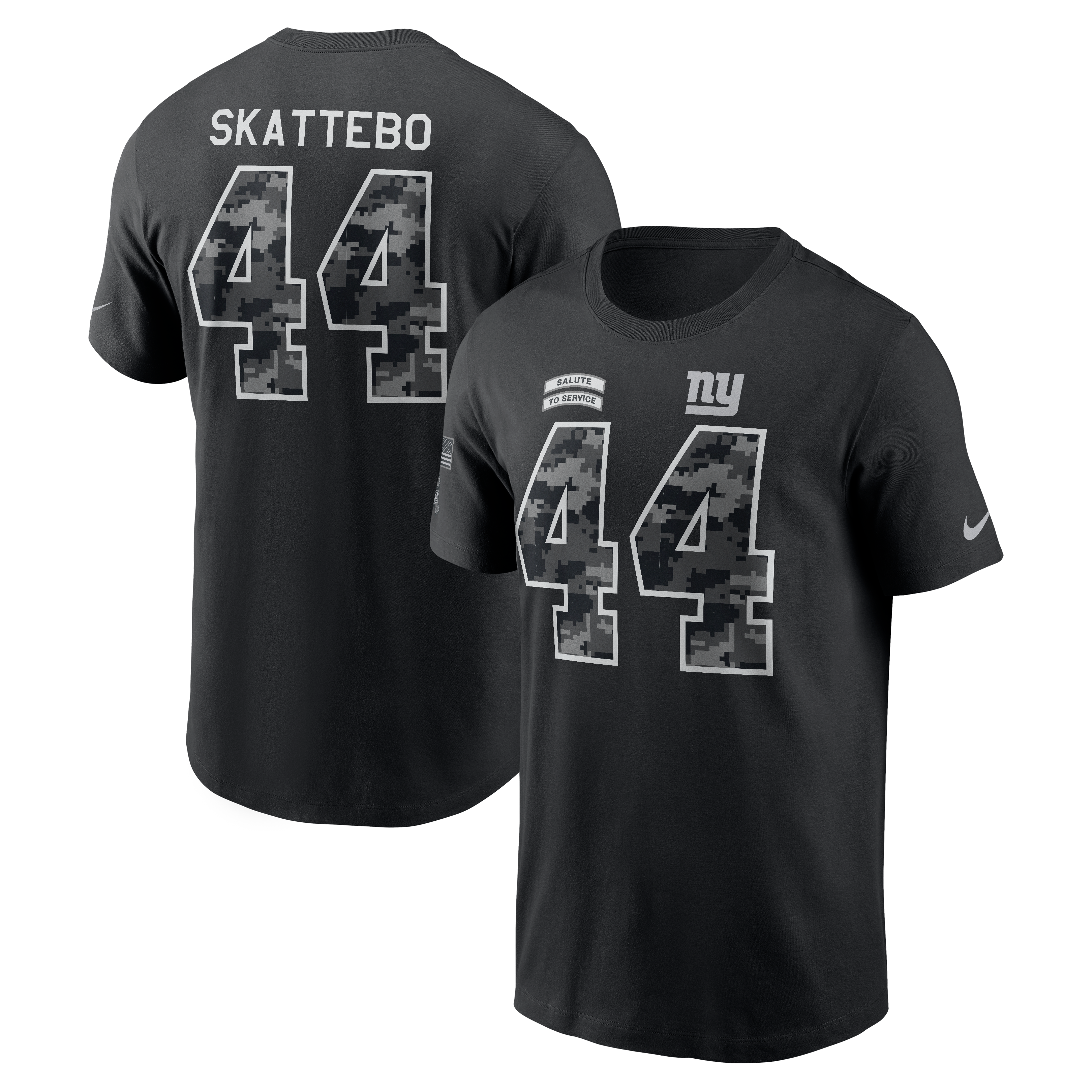 T-shirt Nike Cam Skattebo noir pour homme, New York Giants 2026 Salute to Service, nom et numéro