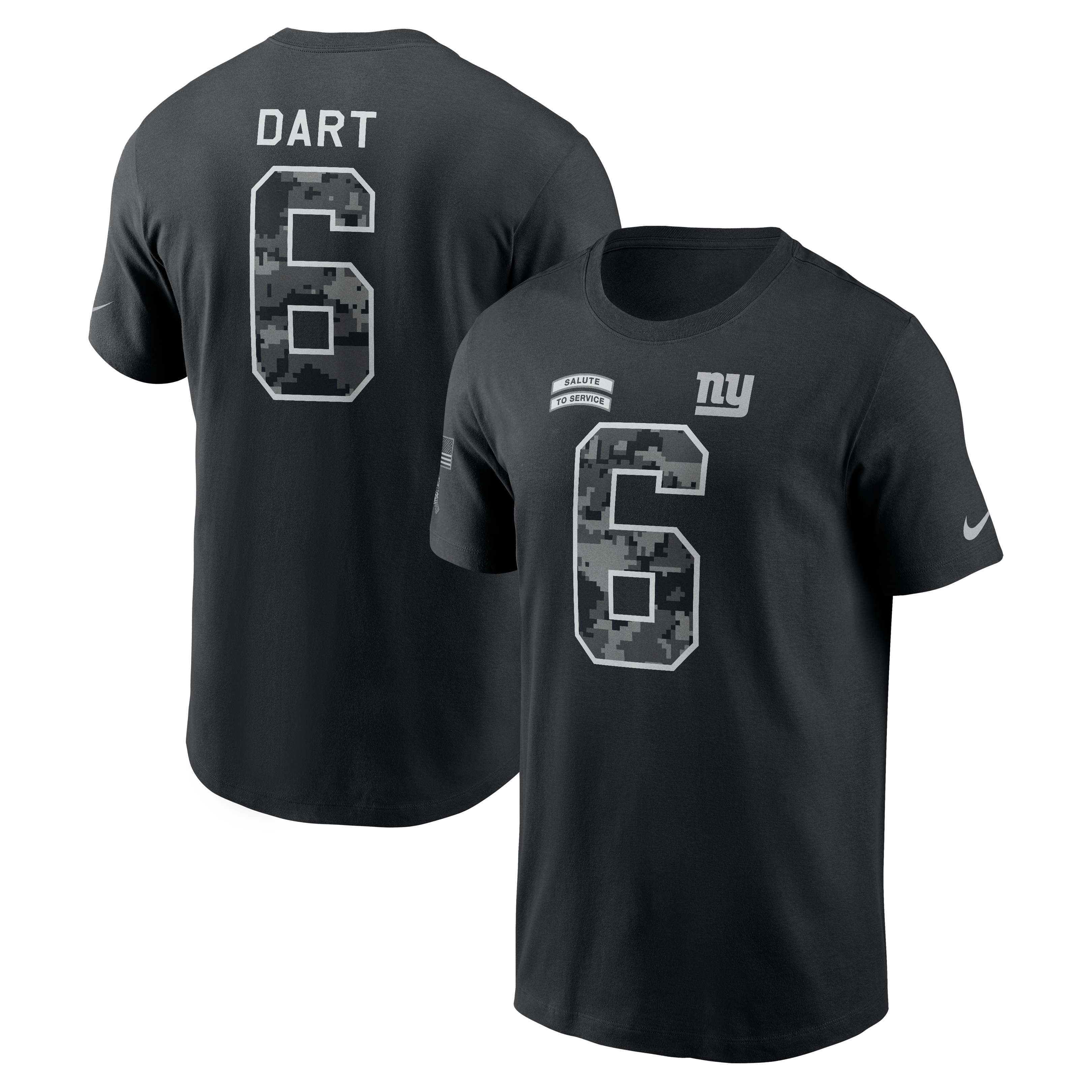 T-shirt Nike Jaxson Dart noir pour homme, New York Giants 2026 Salute to Service, nom et numéro