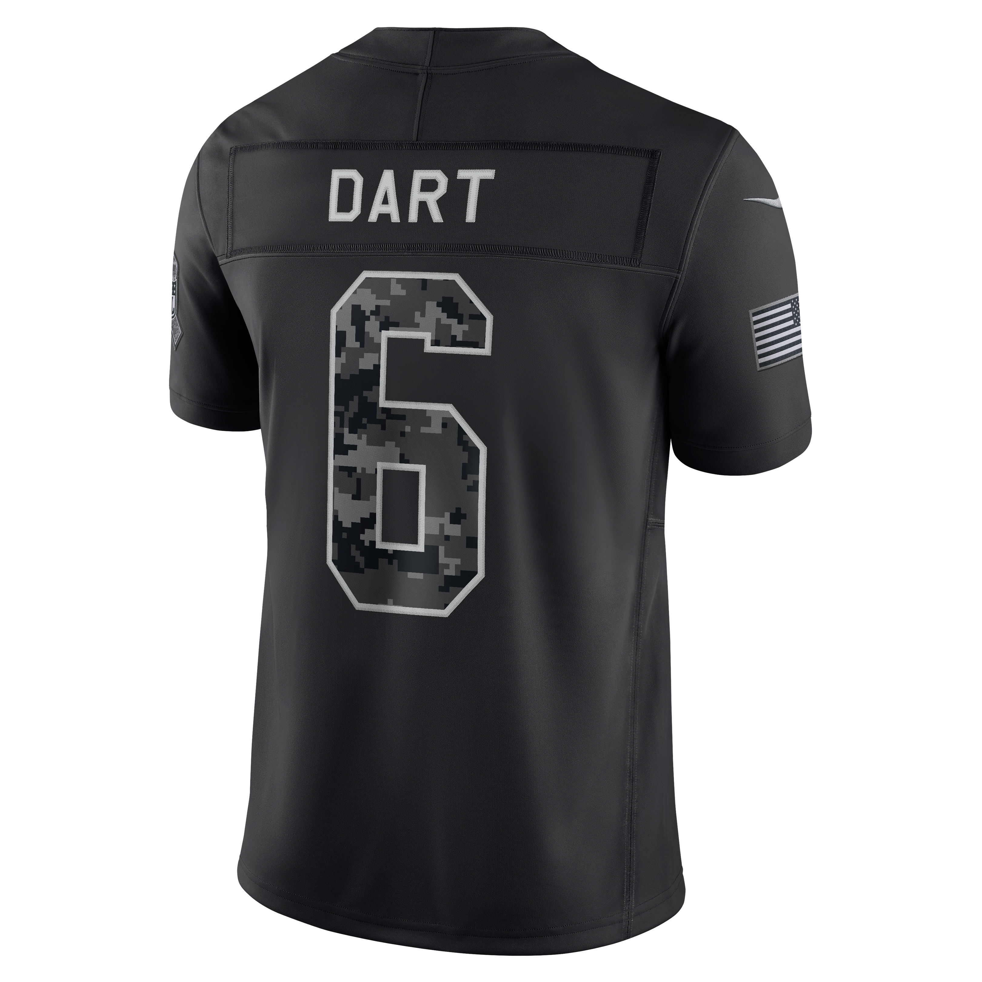 Maillot Nike Jaxson Dart noir pour homme, édition limitée New York Giants 2026 Salute to Service, cousu.