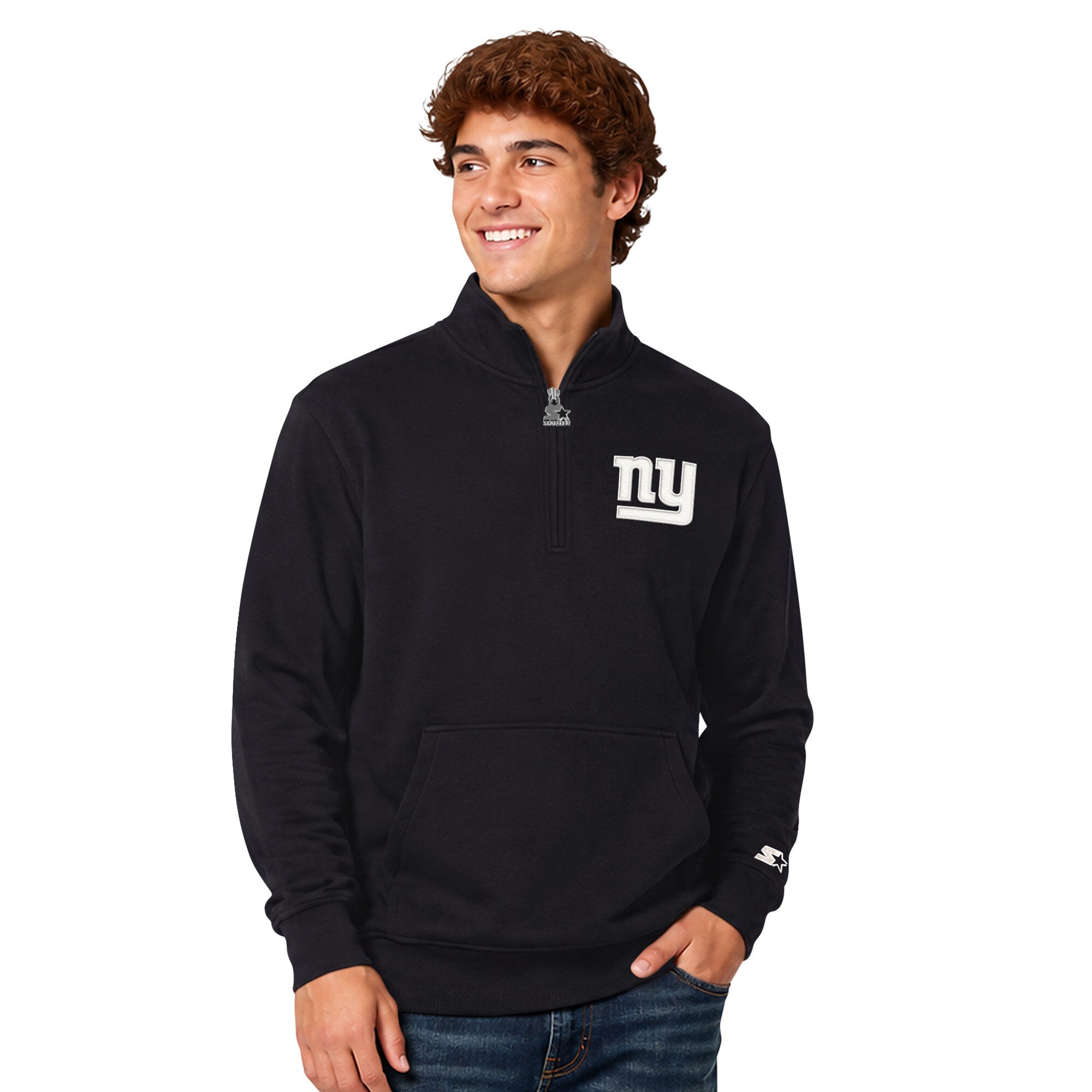 Men's Starter Black New York Giants Thursday Night Gridiron Batwing Quarter-Zip Sweatshirt