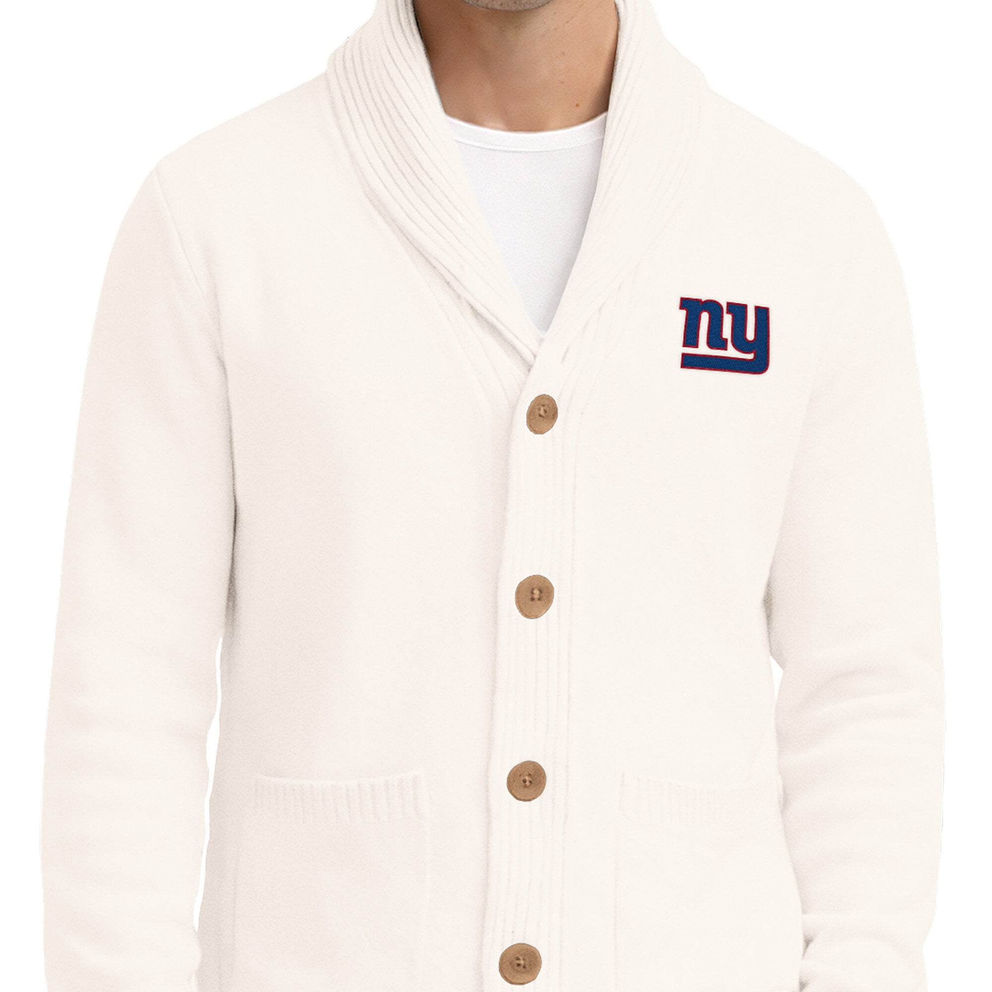 Gilet cardigan en maille épaisse Starter Cream pour homme, New York Giants, col châle