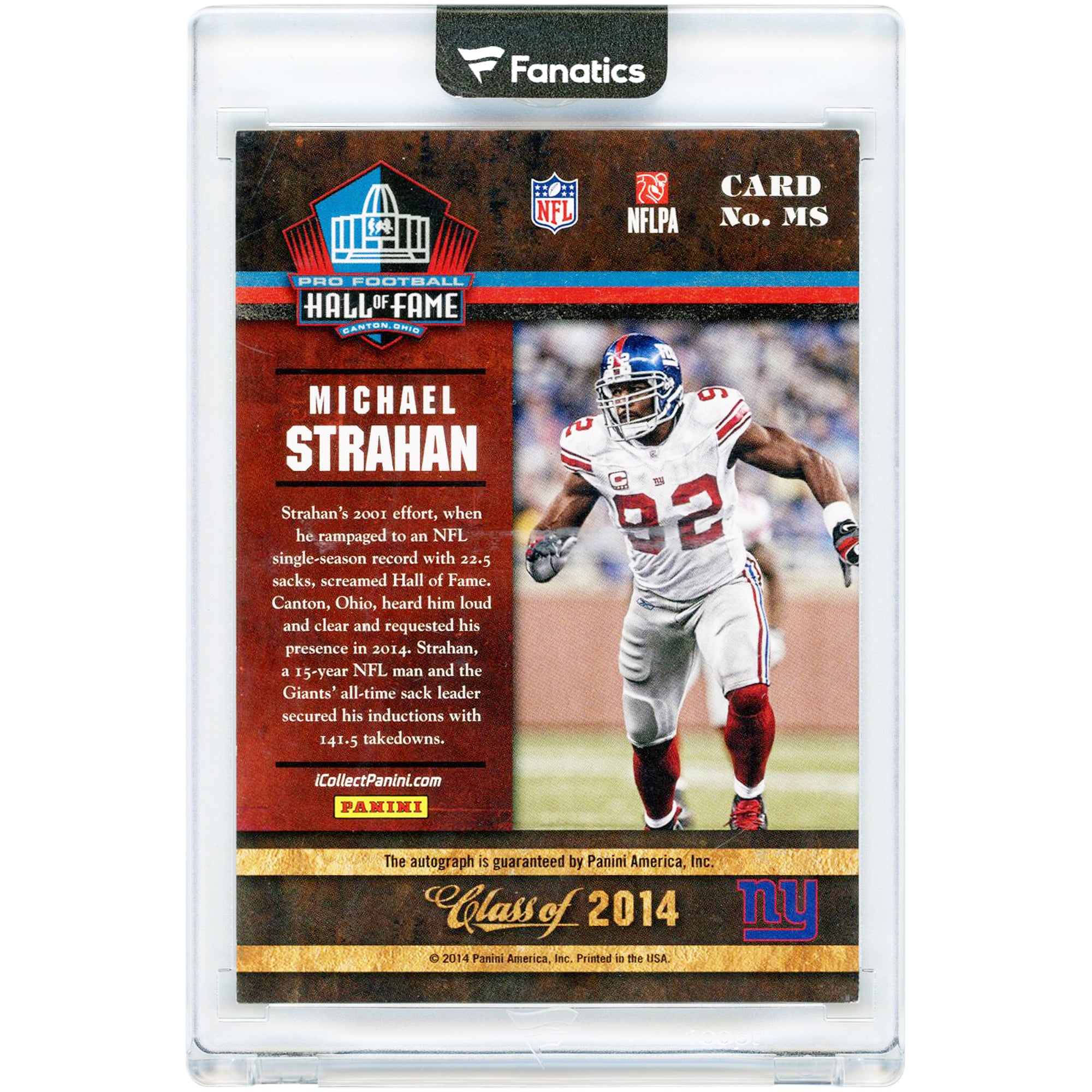 Carte Panini Hall of Fame 2014, promotion 2014, autographiée par Michael Strahan (New York Giants) #MS