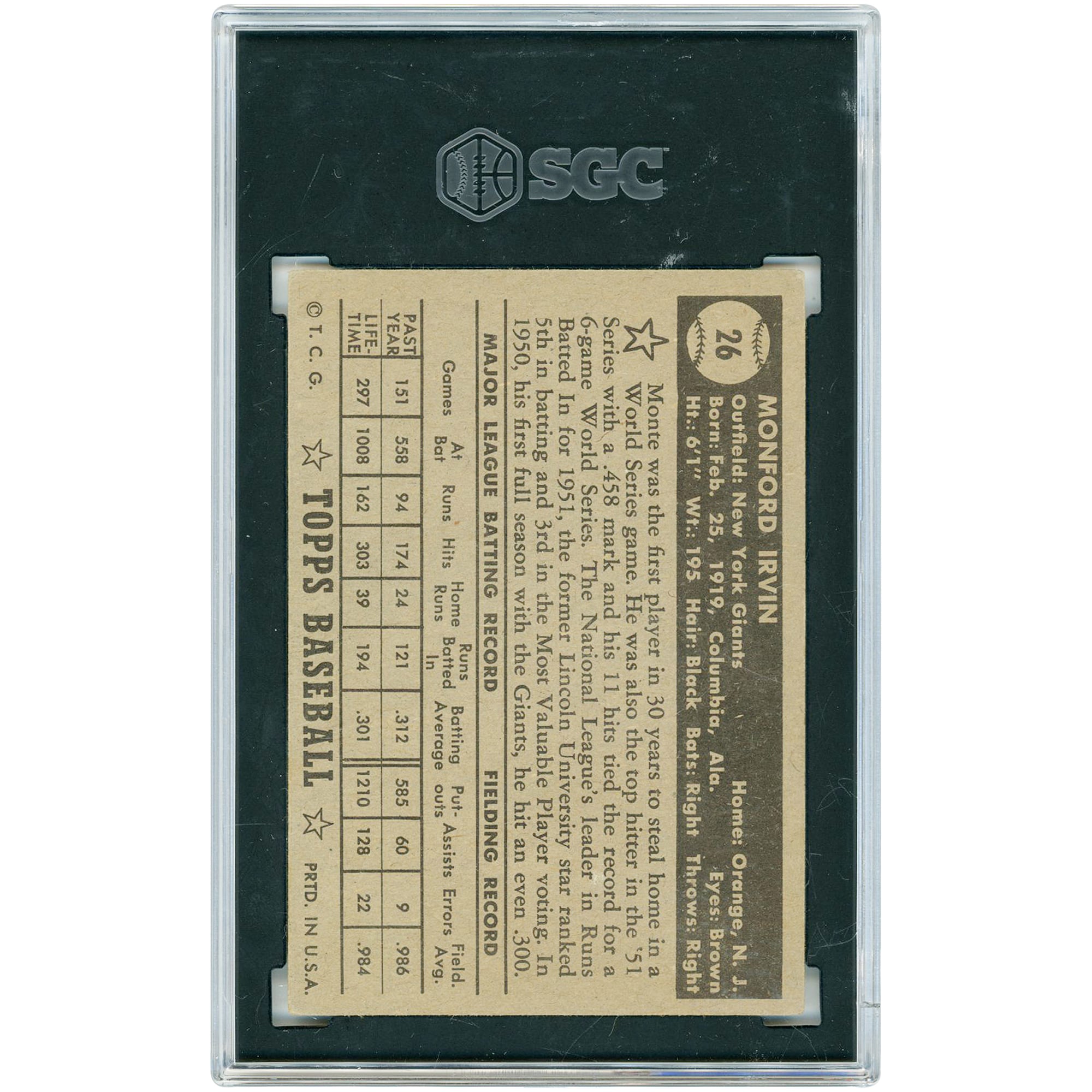 Monte Irvin New York Giants 1952 Topps Black Back #26 SGC Authenticated 4.5 Card