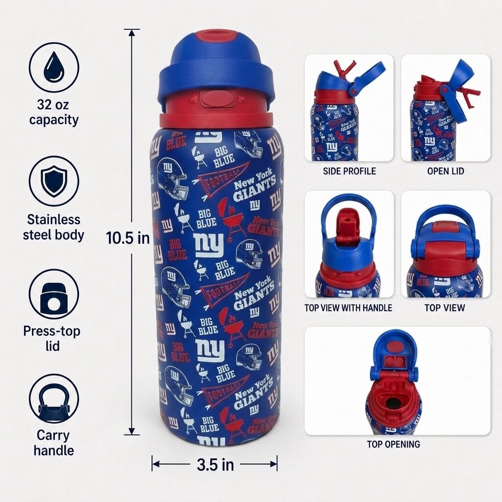 Gourde Pegasus New York Giants 32 oz en acier inoxydable ProPress avec fanion pour les jours de match