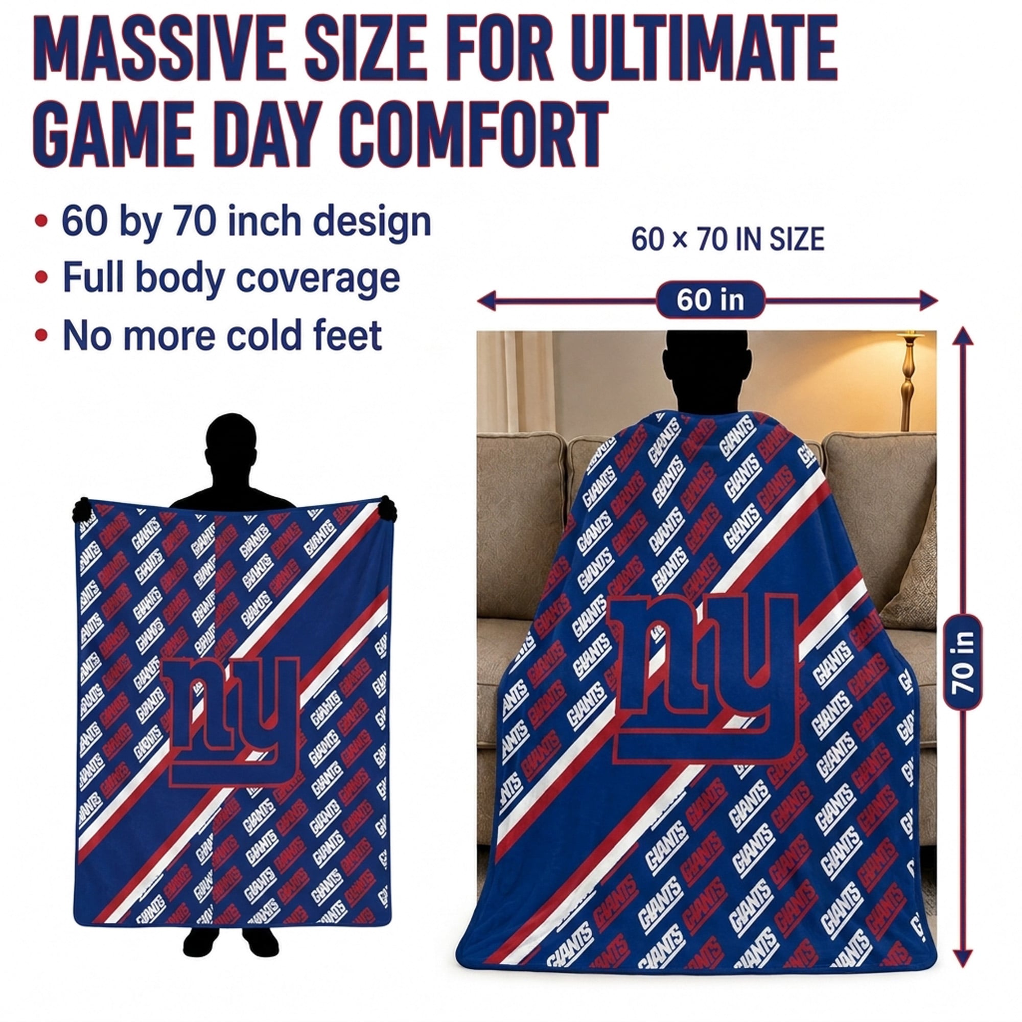 Couverture ultra douce Pegasus New York Giants, 152 x 178 cm (diagonale), doublée, avec logo.