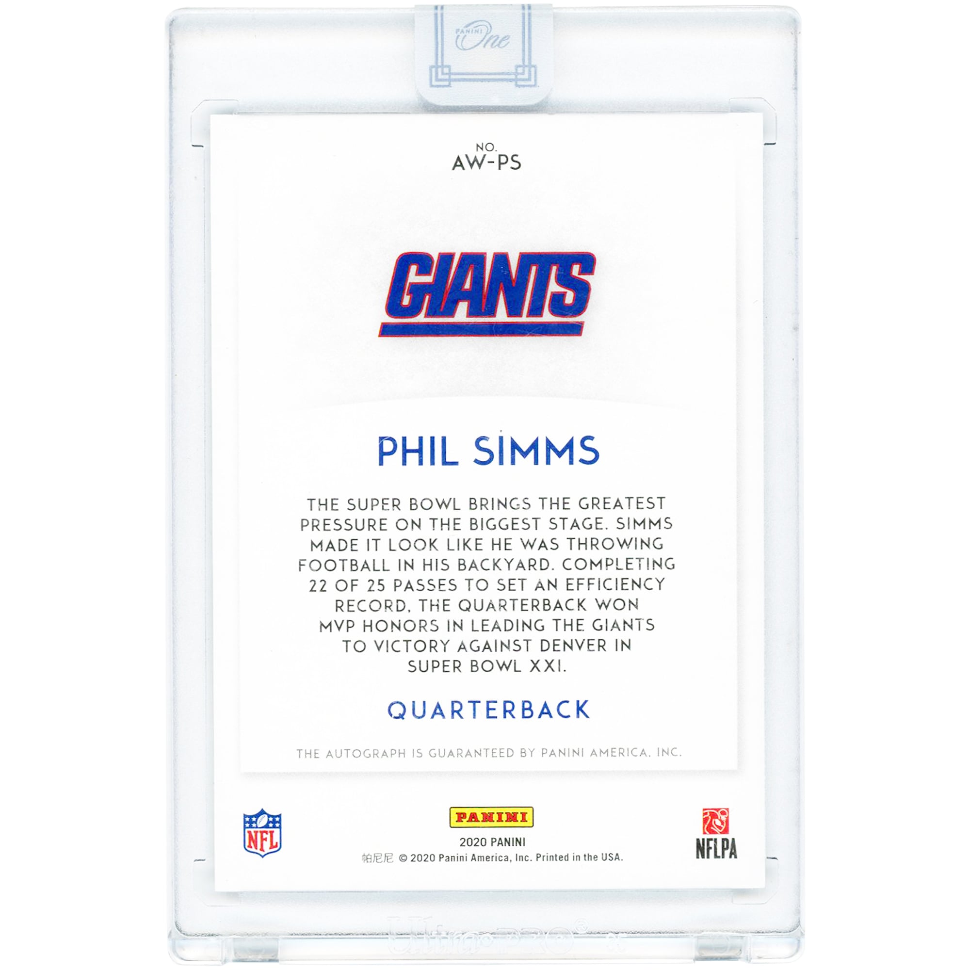 Phil Simms New York Giants Autographed 2020 Panini One Super Bowl XXI MVP #AW-PS Card