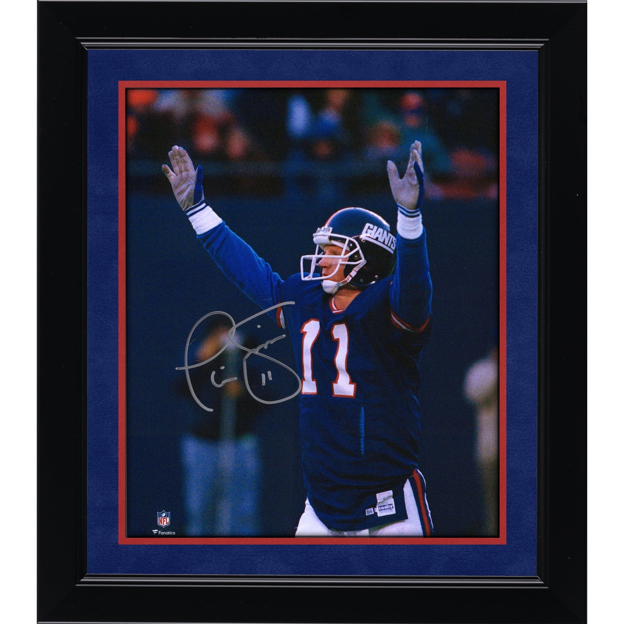 Photo dédicacée de Phil Simms (New York Giants), format 20 x 25 cm, bras levés, en signe de célébration