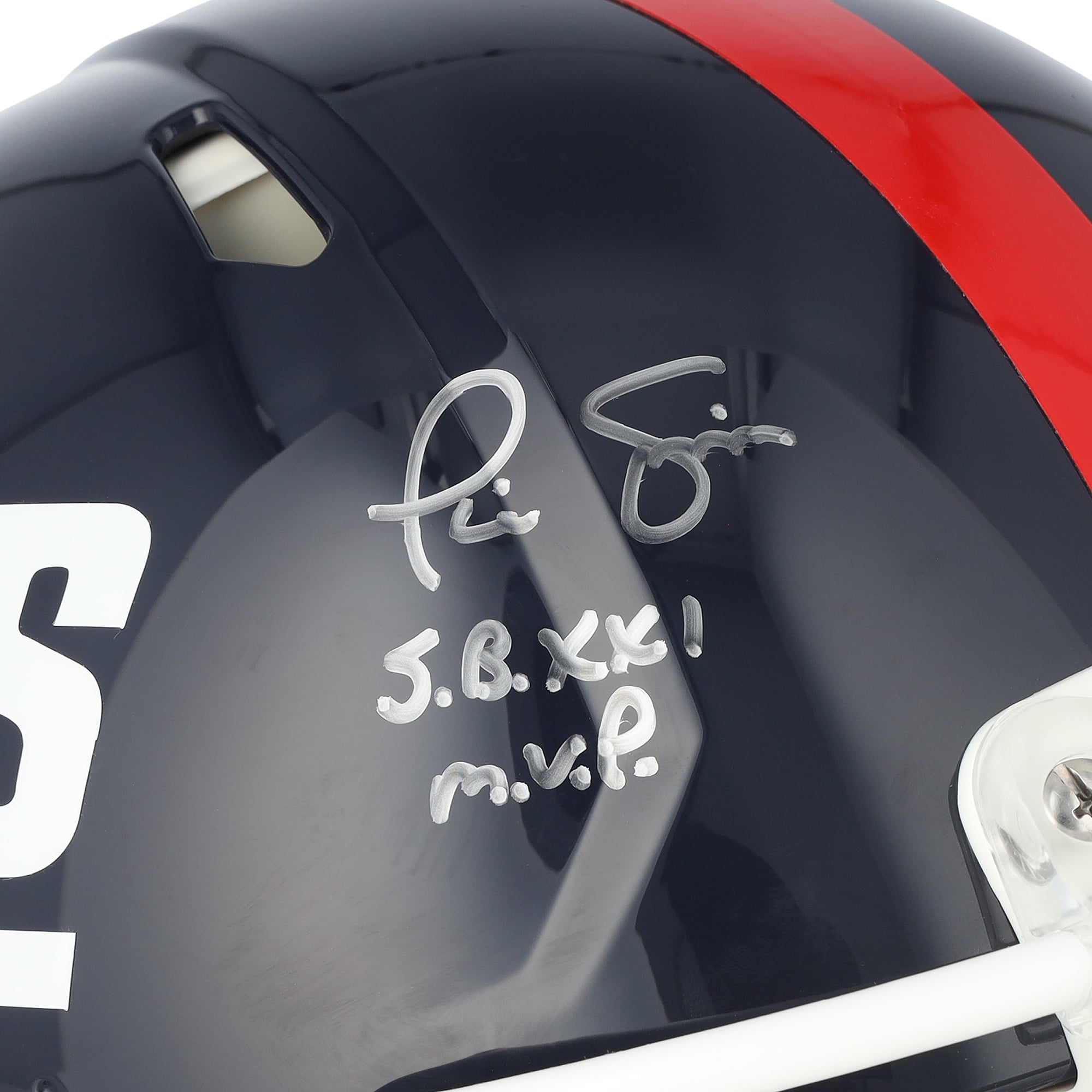 Casque Riddell Speed ​​Authentic rétro 1980-1999 autographié par Phil Simms (New York Giants) avec inscription « SB XXI MVP ».