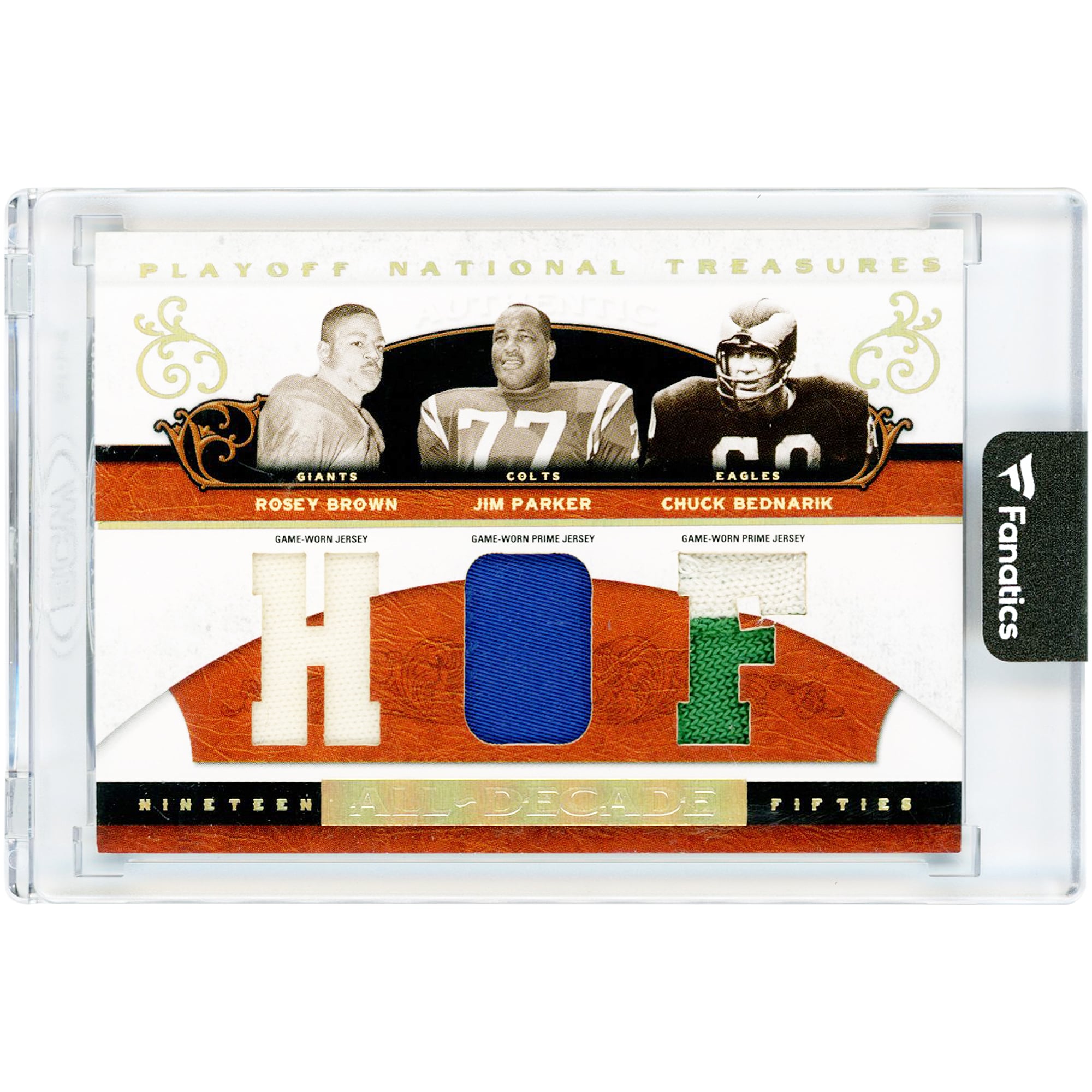Reliques de maillots portés en match par Rosey Brown, Jim Parker et Chuck Bednarik, New York Giants, séries éliminatoires de 2007, collection « Trésors nationaux des décennies », tricolores, n° AD-RBJPCB n° 2/25