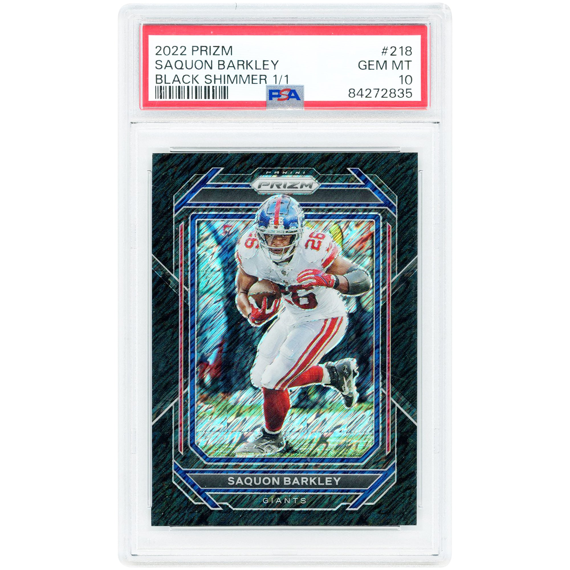 Carte Saquon Barkley New York Giants 2022 Panini Prizm Black Shimmer Prizm n° 218, authentifiée PSA (10 cartes authentifiées).