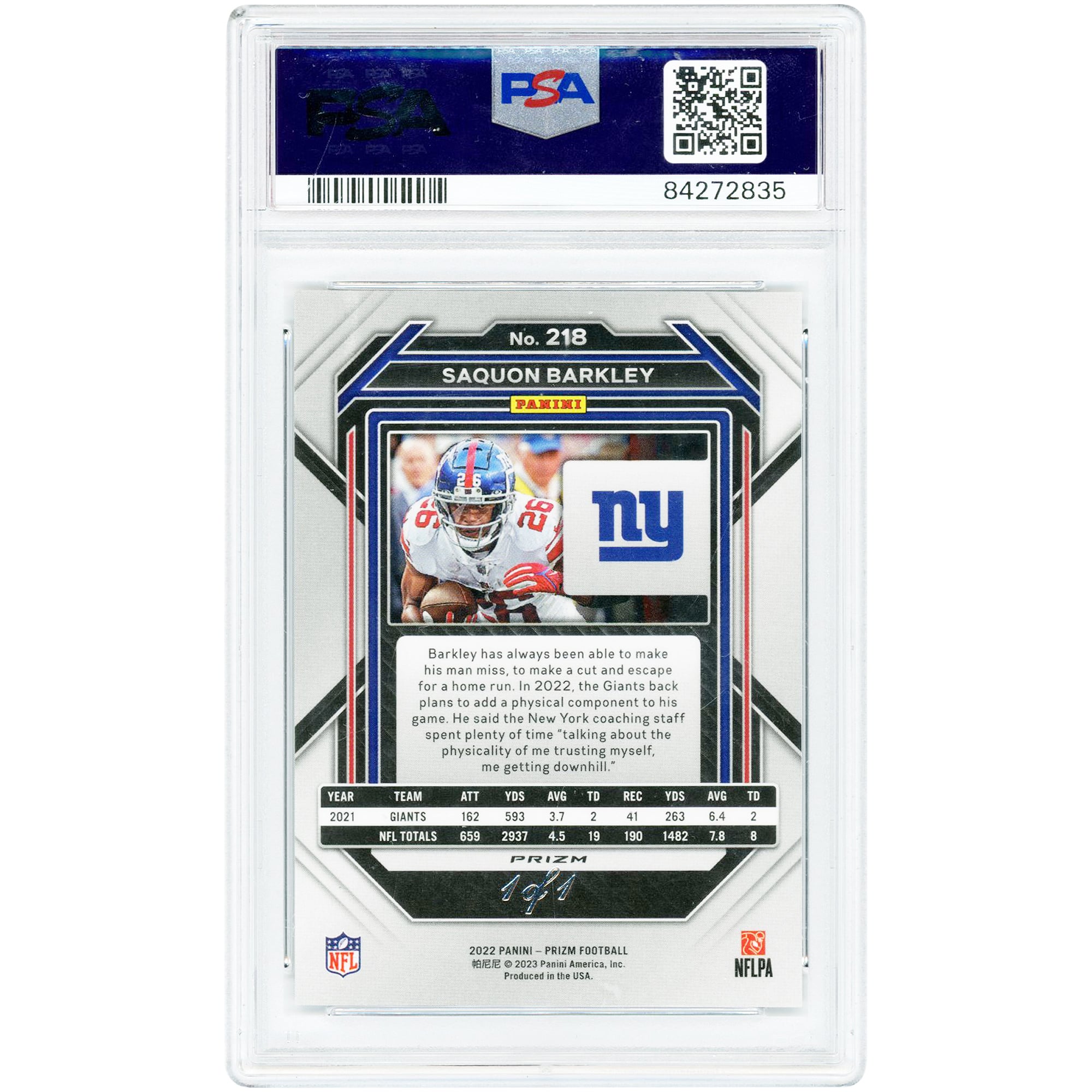 Carte Saquon Barkley New York Giants 2022 Panini Prizm Black Shimmer Prizm n° 218, authentifiée PSA (10 cartes authentifiées).