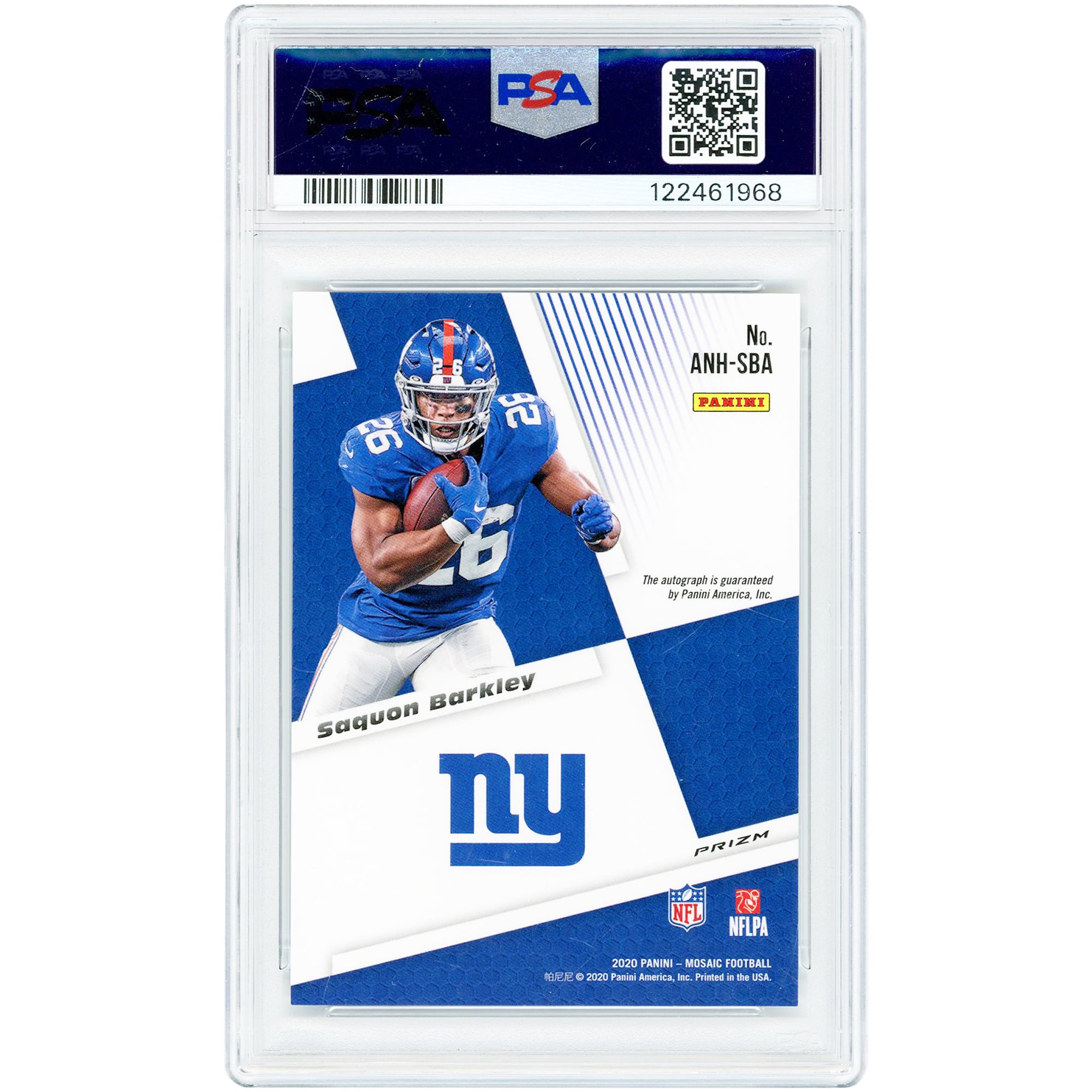 Saquon Barkley New York Giants Autographed 2020 Panini Mosaic No Huddle Prizm #ANH-SBA PSA Authenticated 10 Card