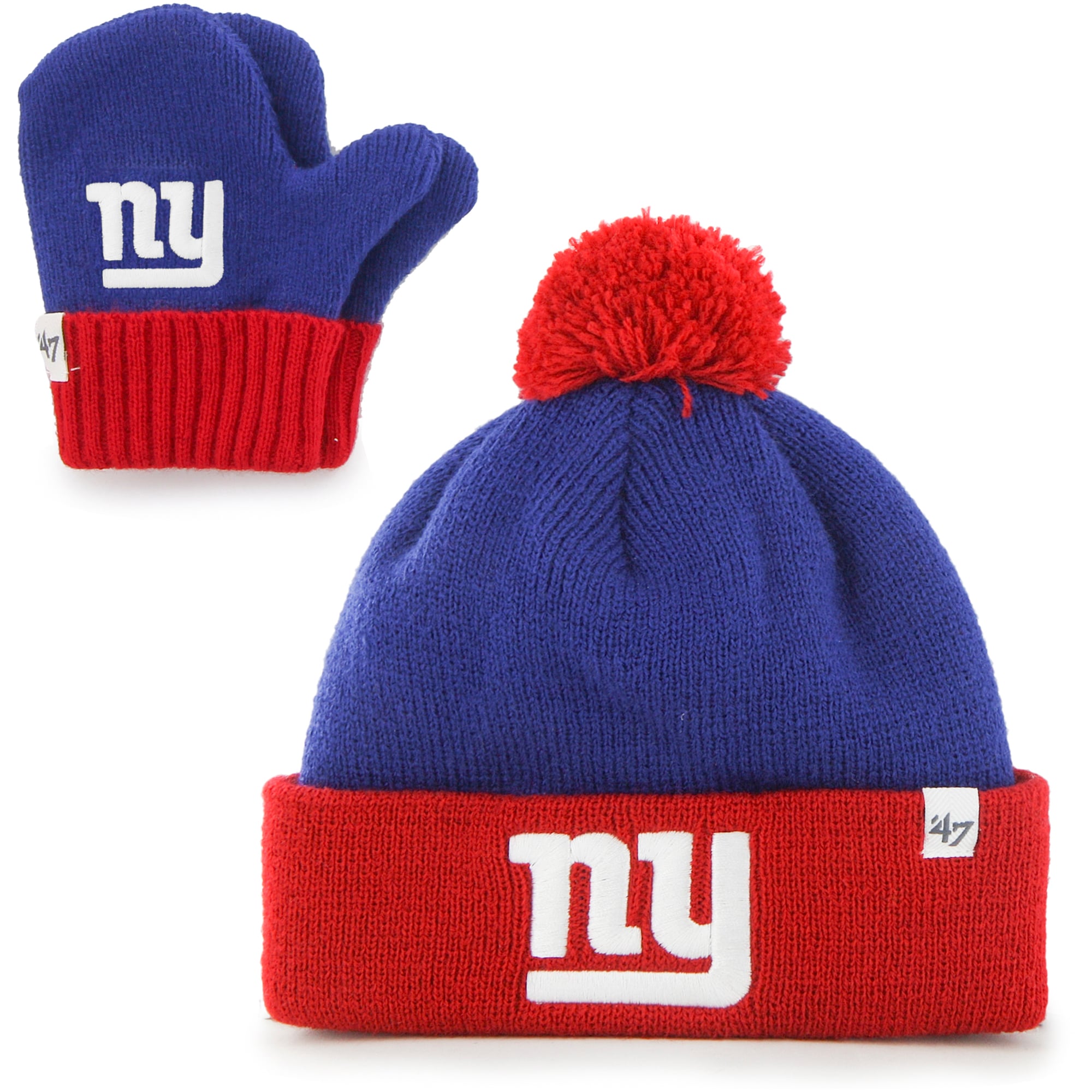 Ensemble bonnet à revers Bam Bam des Giants de New York (couleurs royales et rouges) pour tout-petit, avec pompon et moufles.