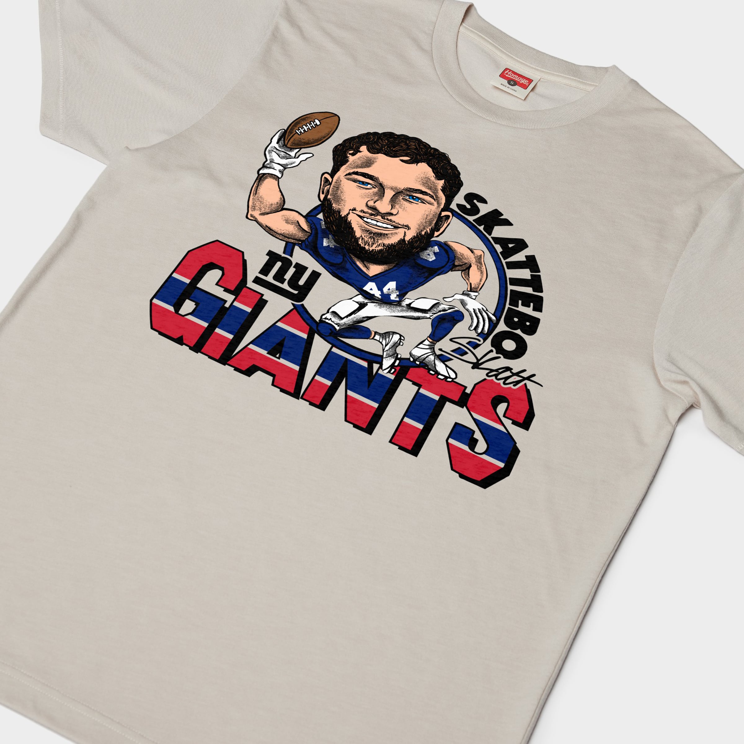 T-shirt unisexe en mélange de trois matières, hommage à Cam Skattebo Stone, joueur des Giants New York, avec caricature du joueur.