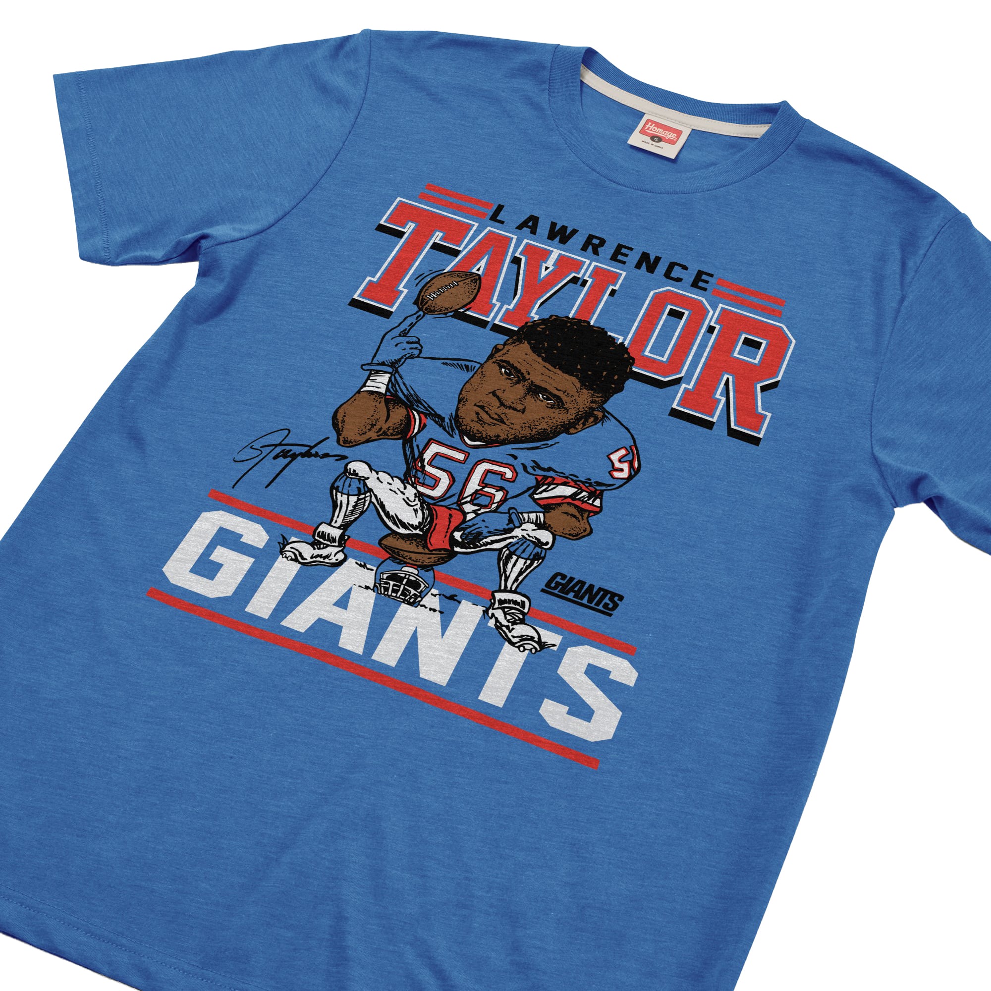 T-shirt unisexe en mélange de trois matières, hommage à Lawrence Taylor Stone, joueur des New York Giants, avec caricature du joueur.