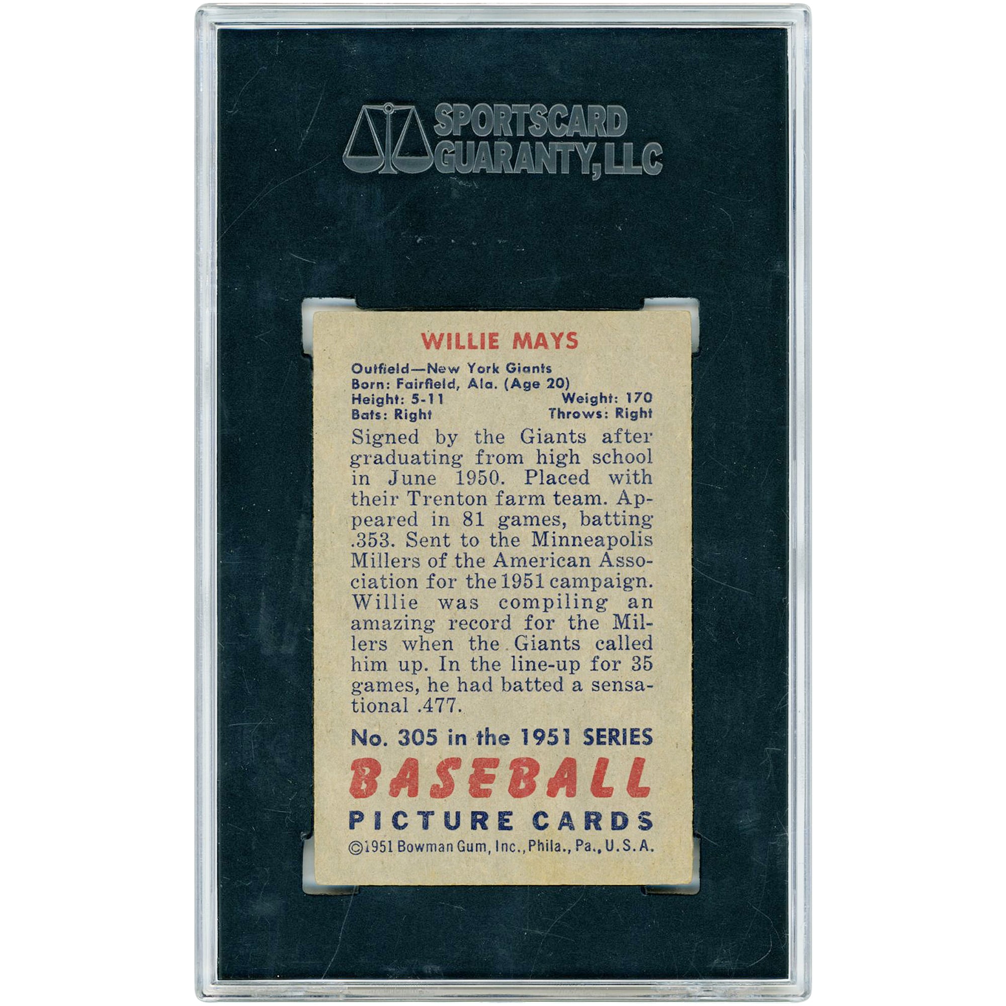 Carte de recrue de Willie Mays, New York Giants, 1951, Bowman n° 305, authentifiée SGC 5