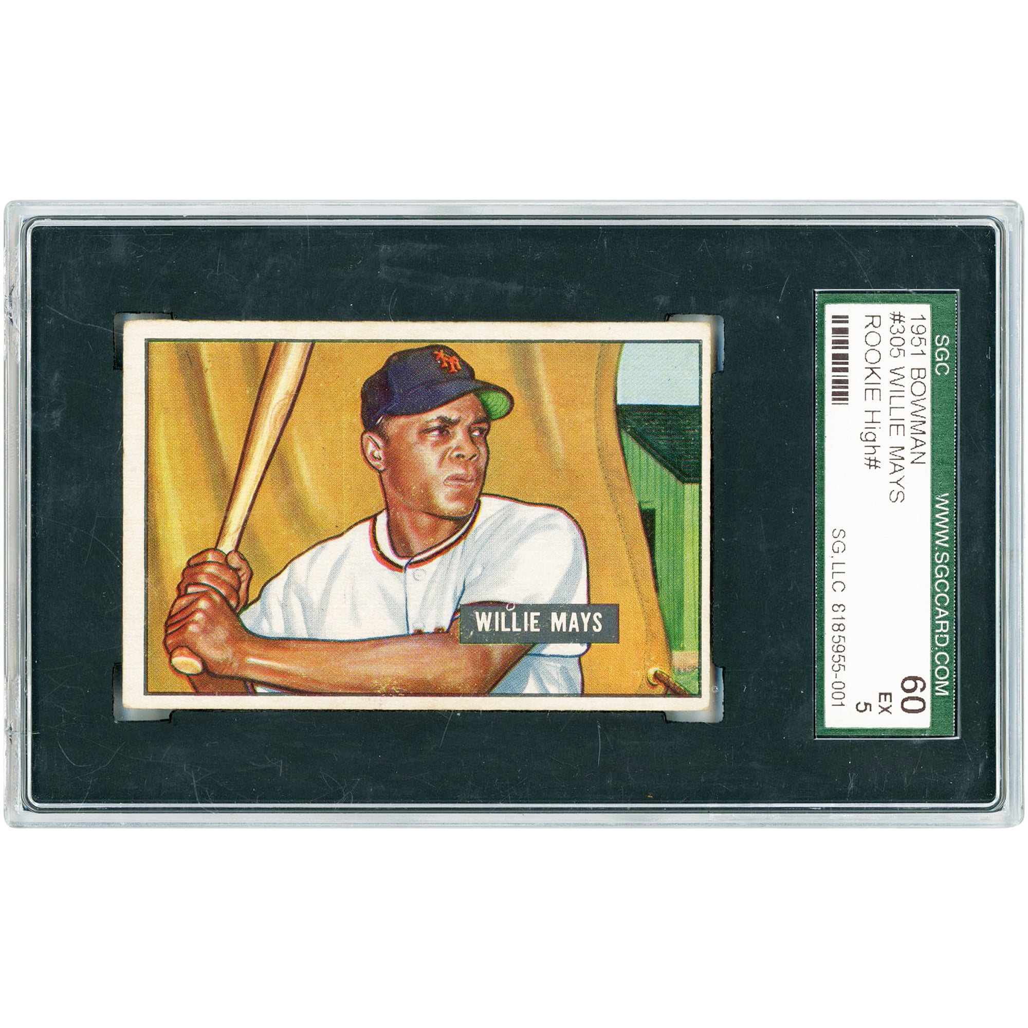 Carte de recrue de Willie Mays, New York Giants, 1951, Bowman n° 305, authentifiée SGC 5