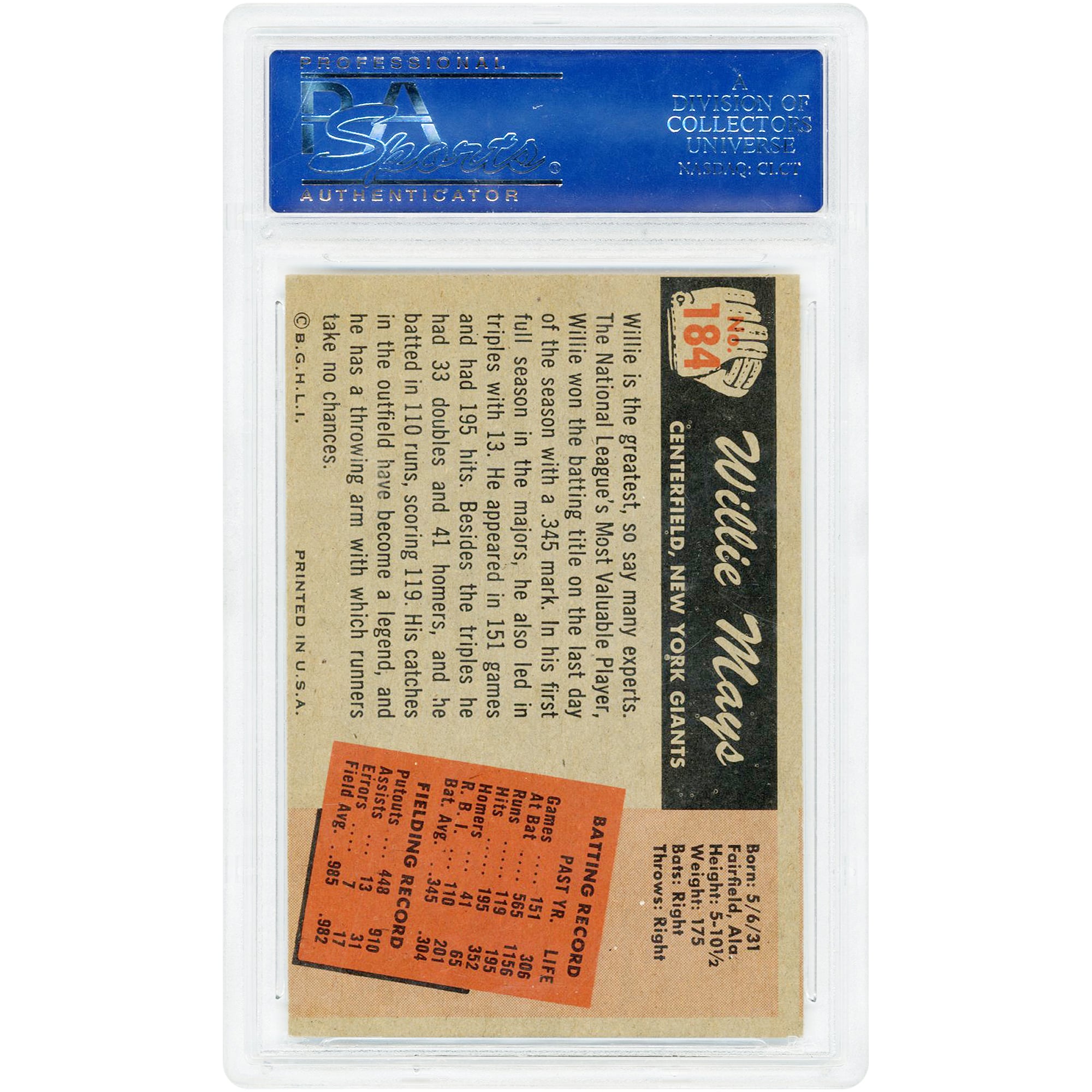 Carte authentifiée PSA n° 184 de Willie Mays, New York Giants, 1955 Bowman, n° 6